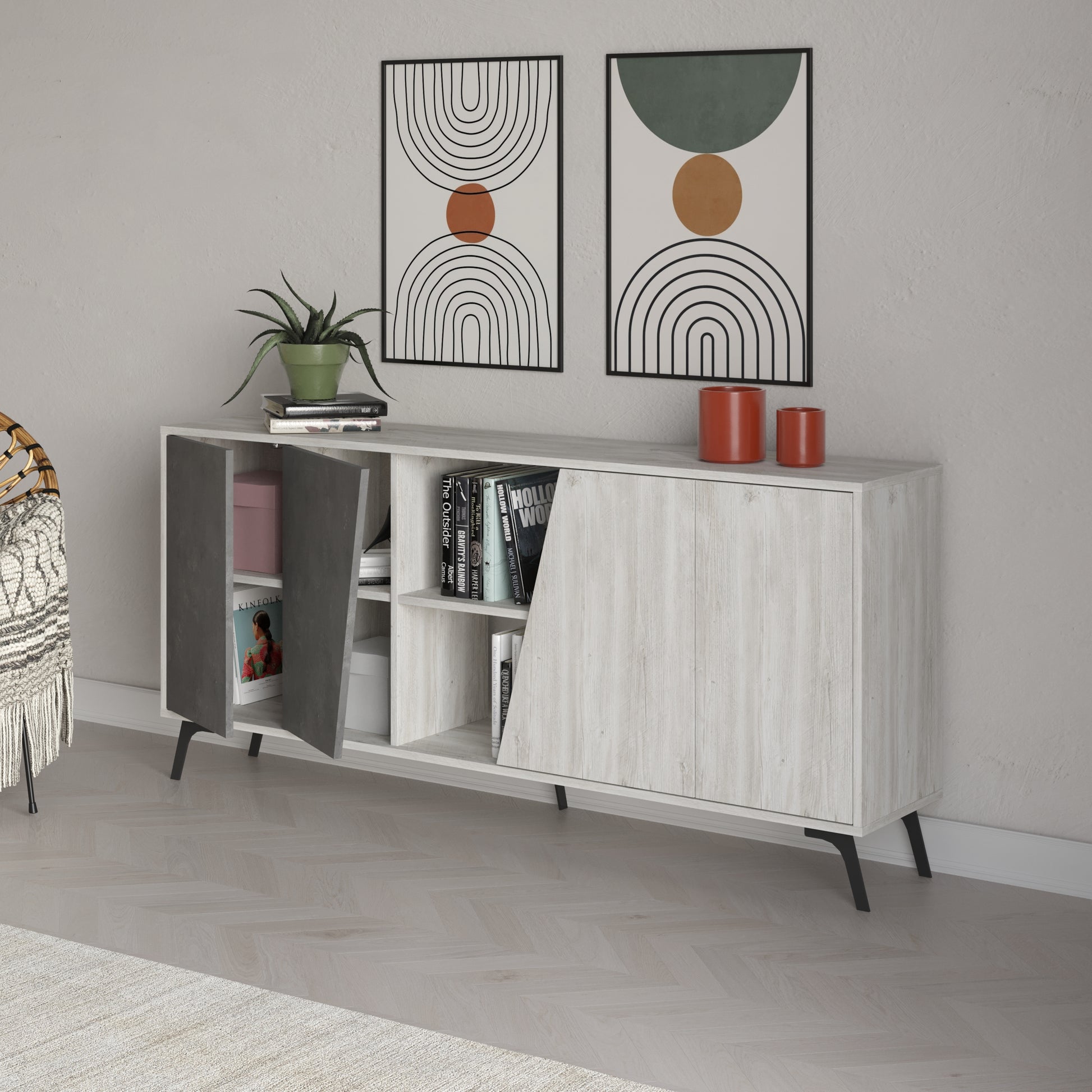 180 cm wide sideboard with retro grey and ancient white finish, ideal for modern living room or dining room storage