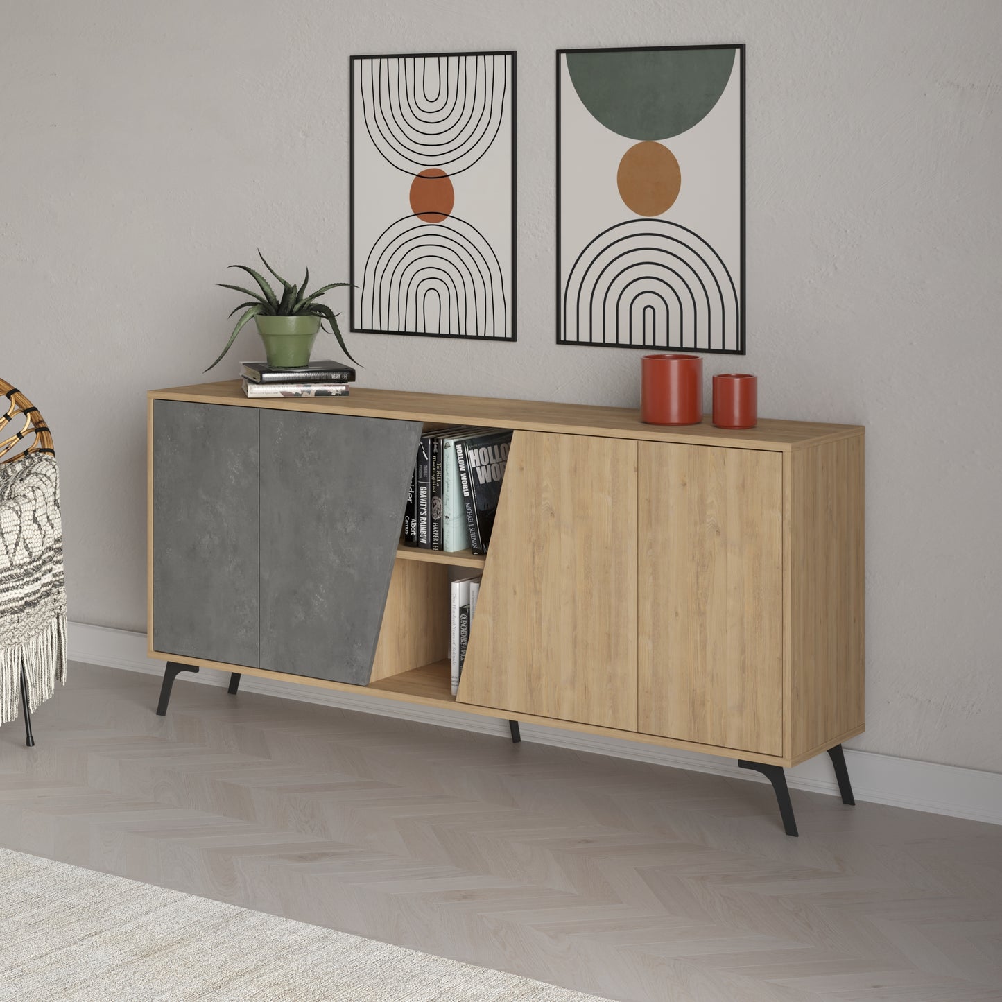 180 cm wide sideboard with retro grey and oak finish, ideal for modern living room or dining room storage