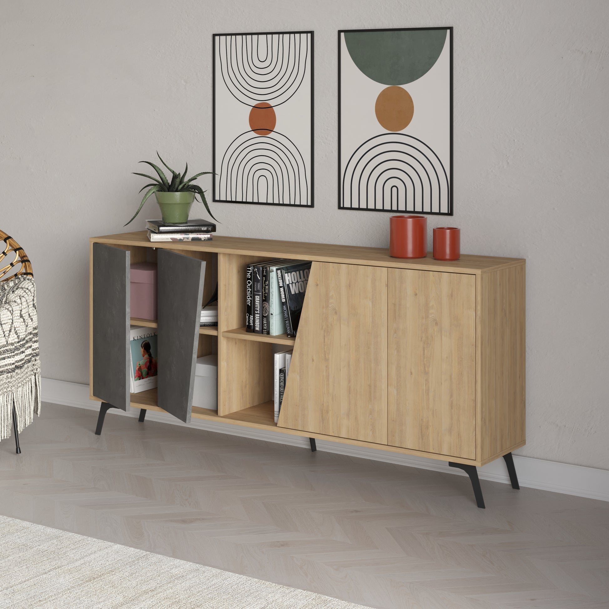 180 cm wide sideboard with retro grey and oak finish, ideal for modern living room or dining room storage
