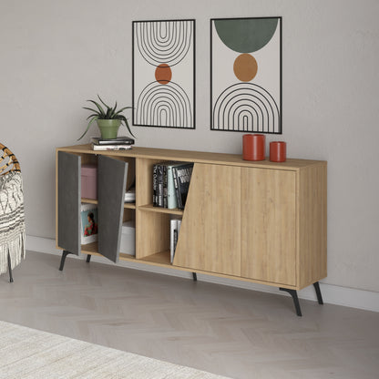 180 cm wide sideboard with retro grey and oak finish, ideal for modern living room or dining room storage