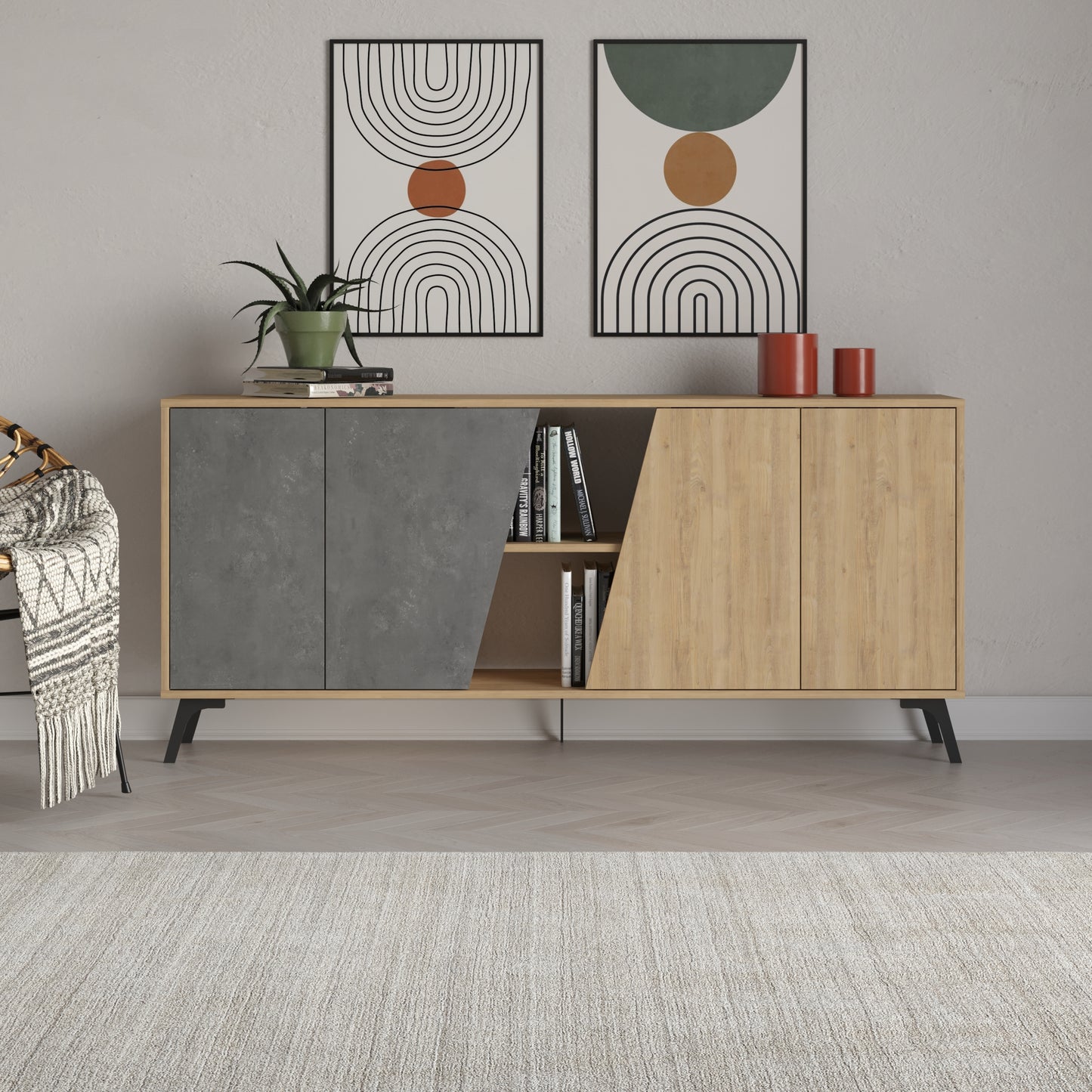 180 cm wide sideboard with retro grey and oak finish, ideal for modern living room or dining room storage