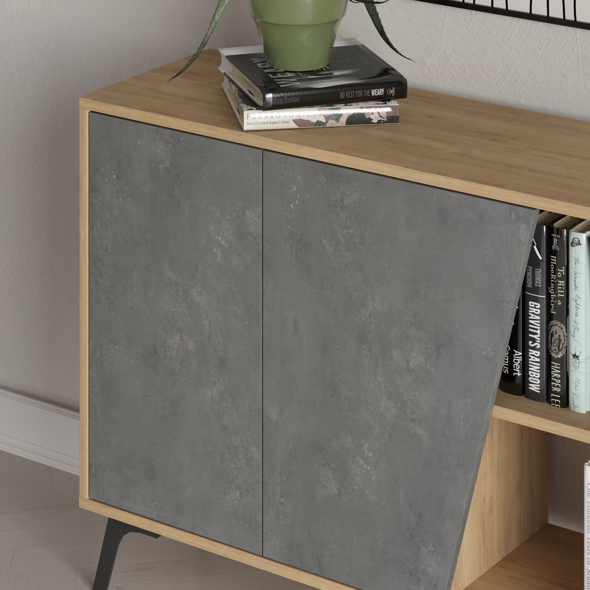 180 cm wide sideboard with retro grey and oak finish, ideal for modern living room or dining room storage