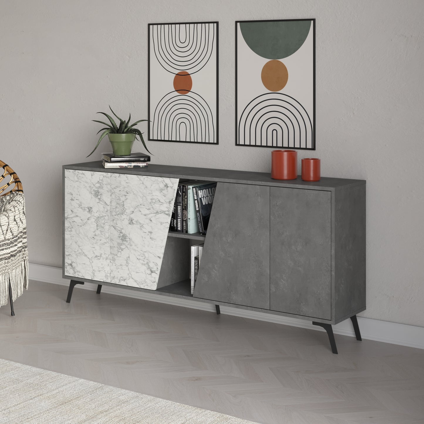 180 cm wide sideboard with retro grey and white marble finish, ideal for modern living room or dining room storage