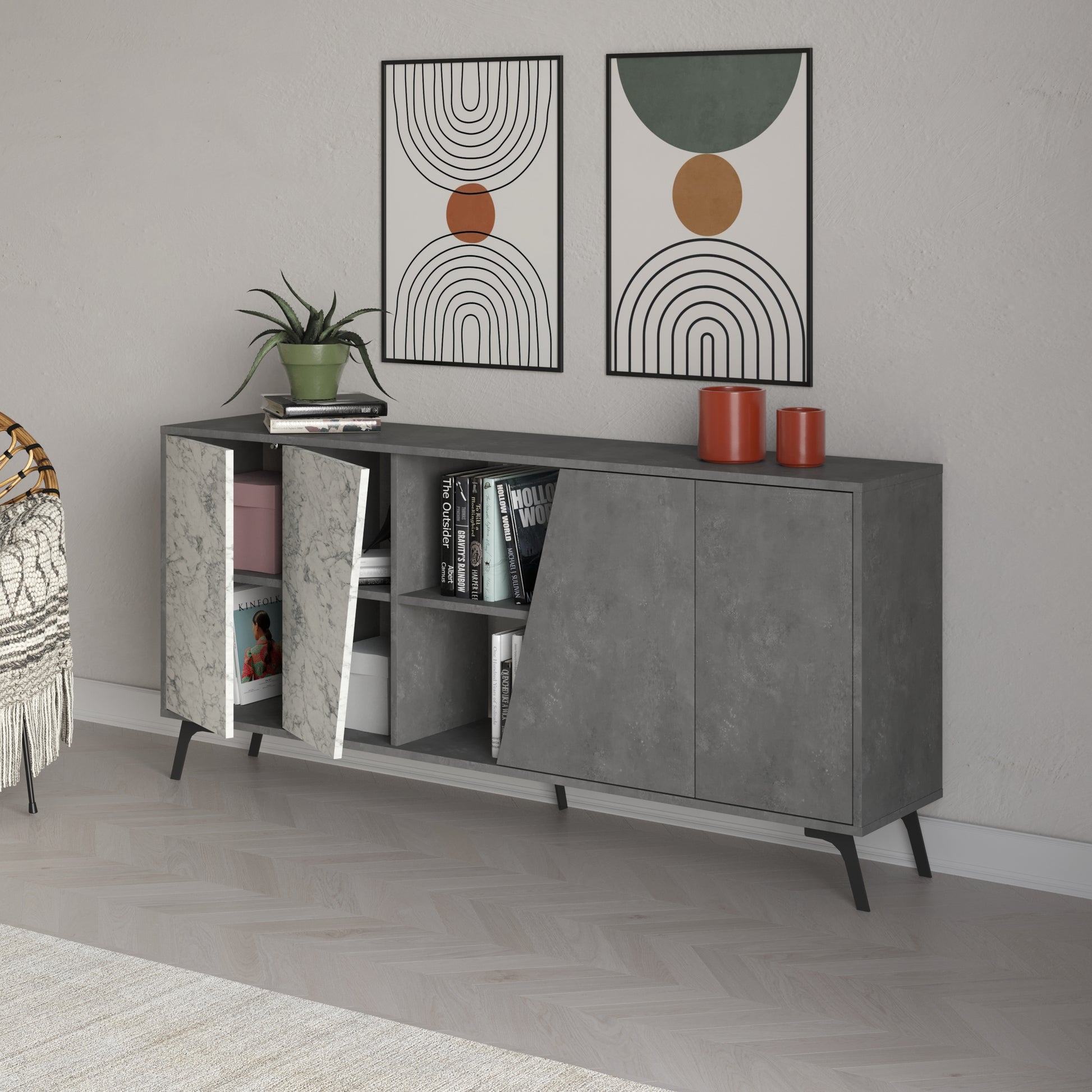 180 cm wide sideboard with retro grey and white marble finish, ideal for modern living room or dining room storage