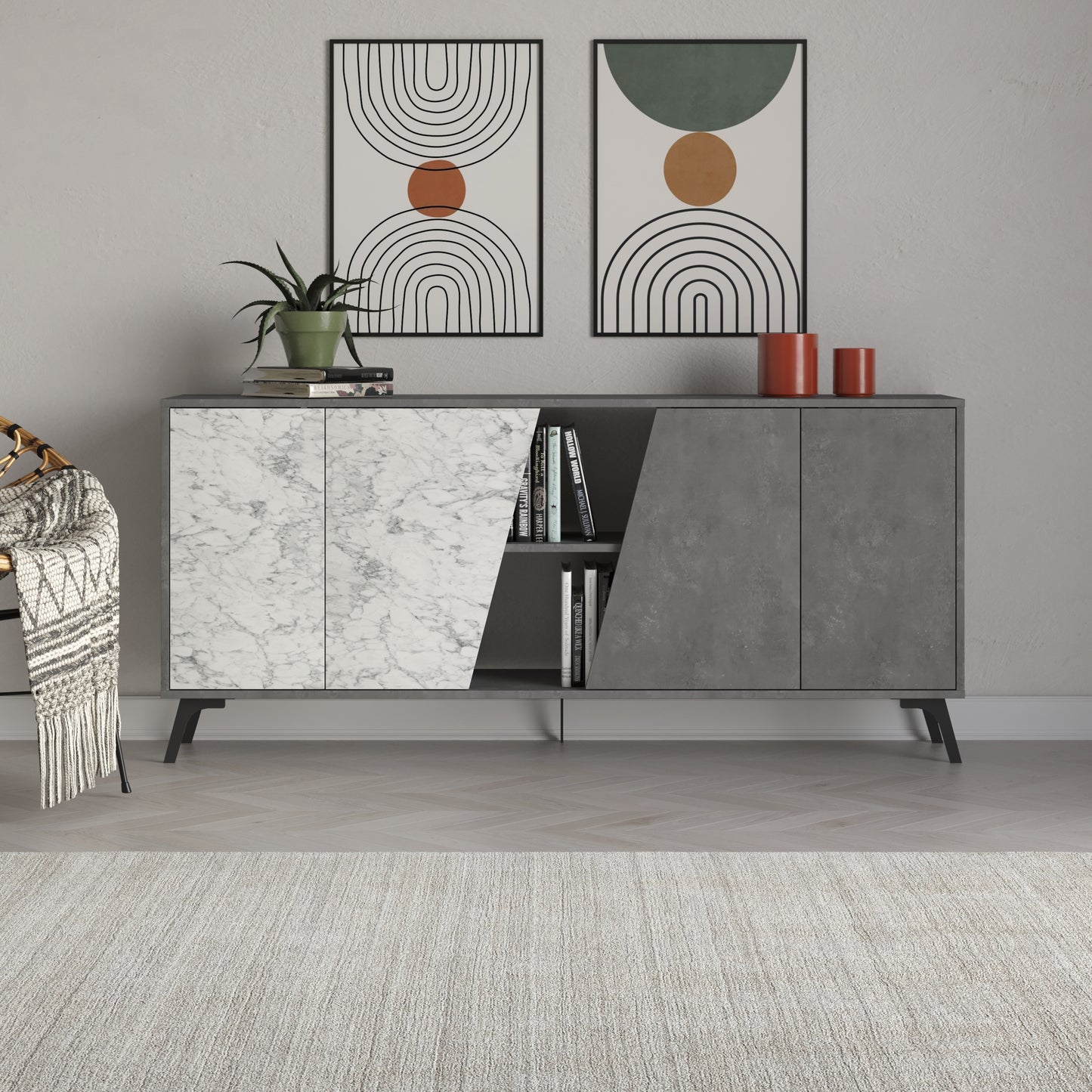 180 cm wide sideboard with retro grey and white marble finish, ideal for modern living room or dining room storage