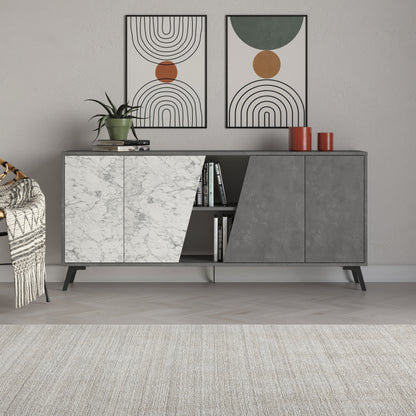 180 cm wide sideboard with retro grey and white marble finish, ideal for modern living room or dining room storage