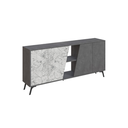 180 cm wide sideboard with retro grey and white marble finish, ideal for modern living room or dining room storage