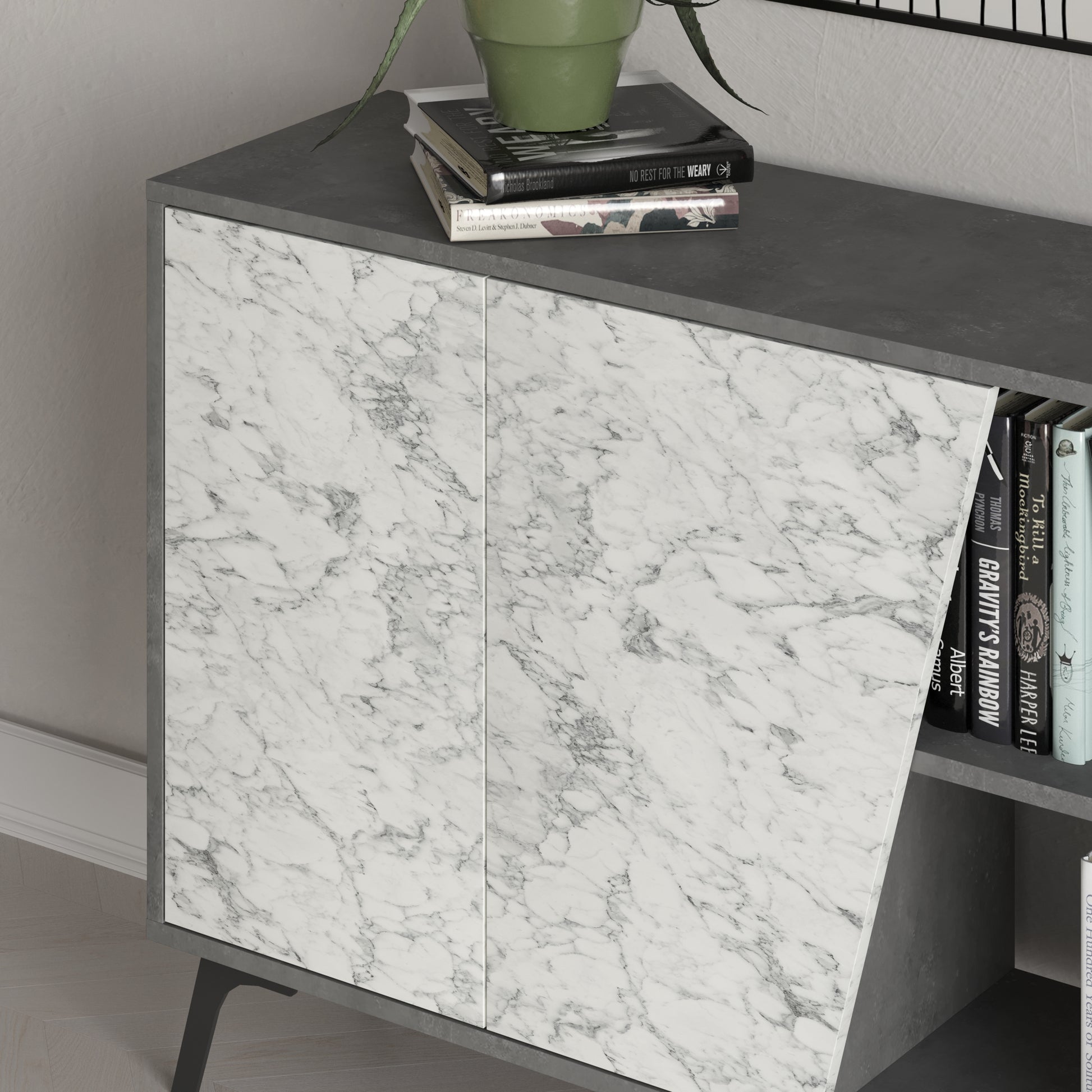 180 cm wide sideboard with retro grey and white marble finish, ideal for modern living room or dining room storage