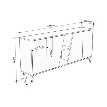 180 cm wide sideboard with retro grey and oak finish, ideal for modern living room or dining room storage
