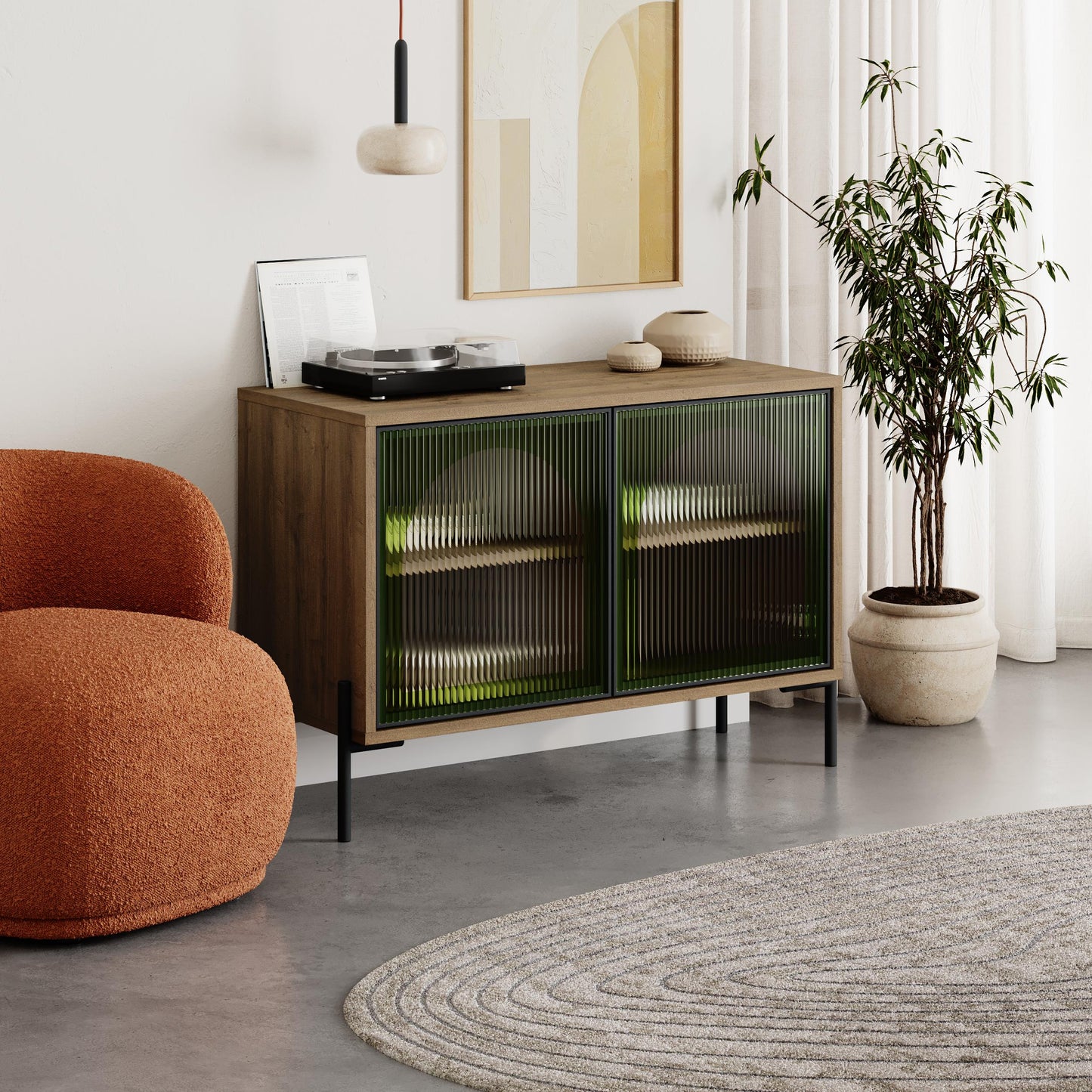 Robinson Sideboard with Fluted Glass Doors with Green Details – Modern Dark Oak Storage Cabinet with Metal Legs