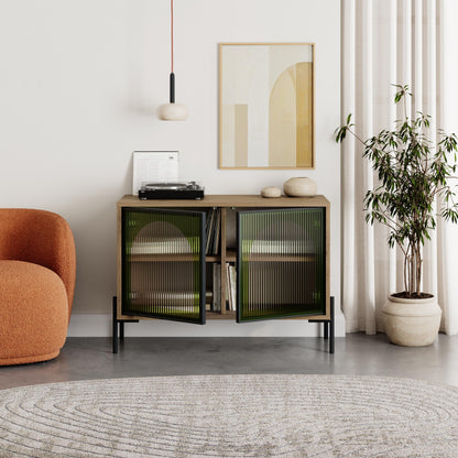 Robinson Sideboard with Fluted Glass Doors with Green Details – Modern Dark Oak Storage Cabinet with Metal Legs