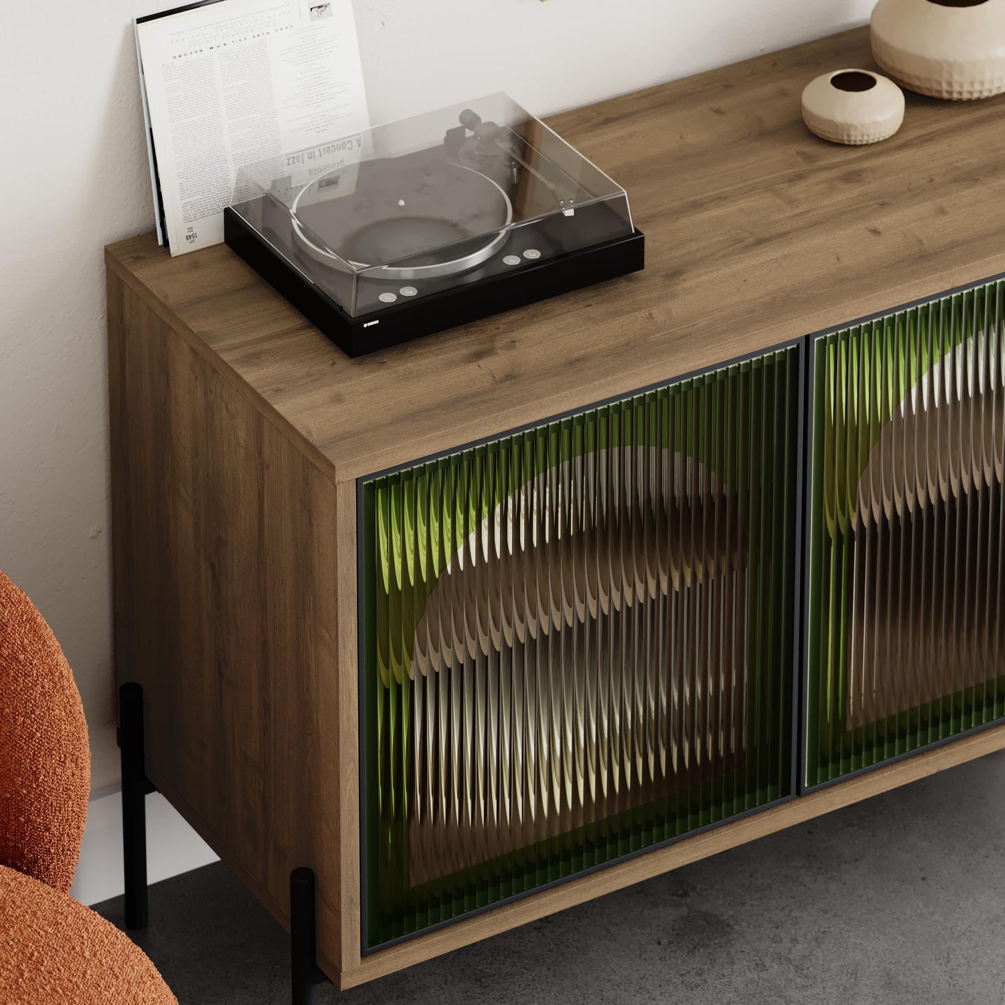 Robinson Sideboard with Fluted Glass Doors with Green Details – Modern Dark Oak Storage Cabinet with Metal Legs