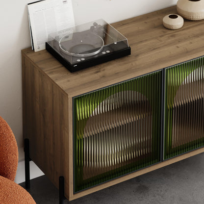 Robinson Sideboard with Fluted Glass Doors with Green Details – Modern Dark Oak Storage Cabinet with Metal Legs
