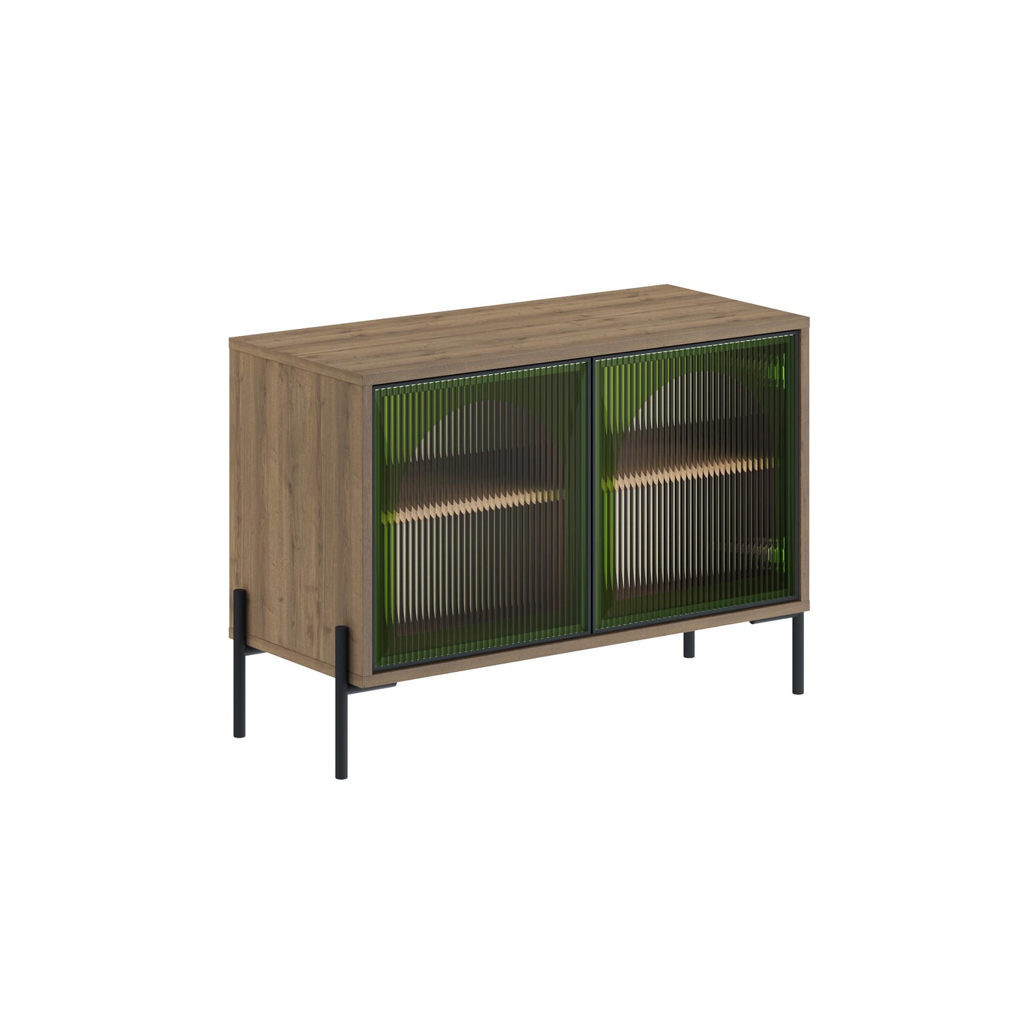 Robinson Sideboard with Fluted Glass Doors with Green Details – Modern Dark Oak Storage Cabinet with Metal Legs