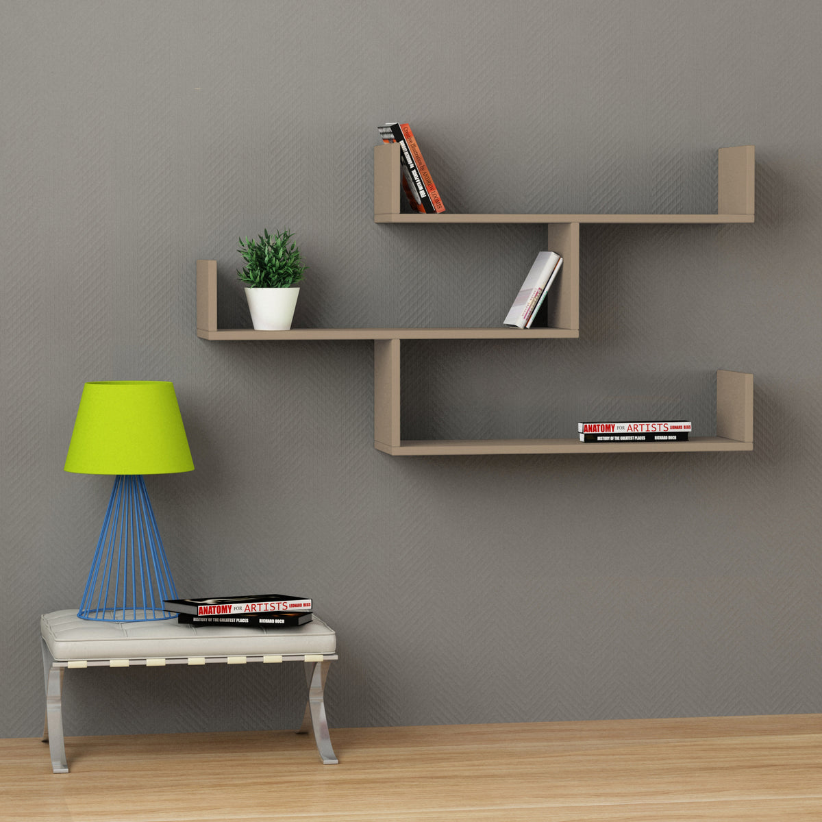 Snerra 119 cm 3-Tier Wall-Mounted Shelf Unit — Mocha Grey, image 1