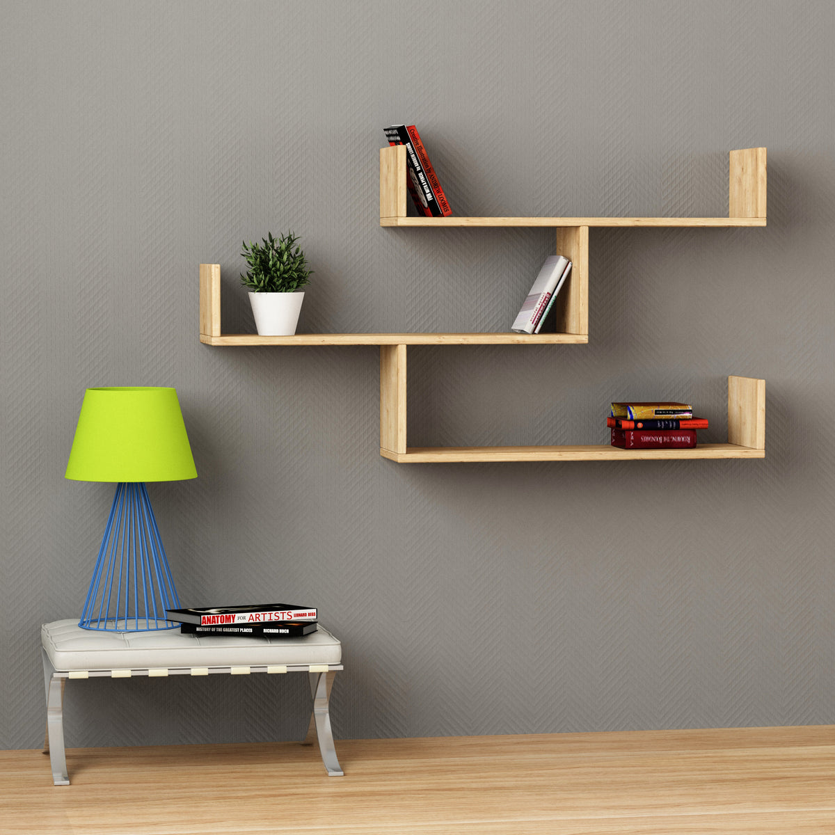 Snerra 119 cm 3-Tier Wall-Mounted Shelf Unit — Oak, image 1