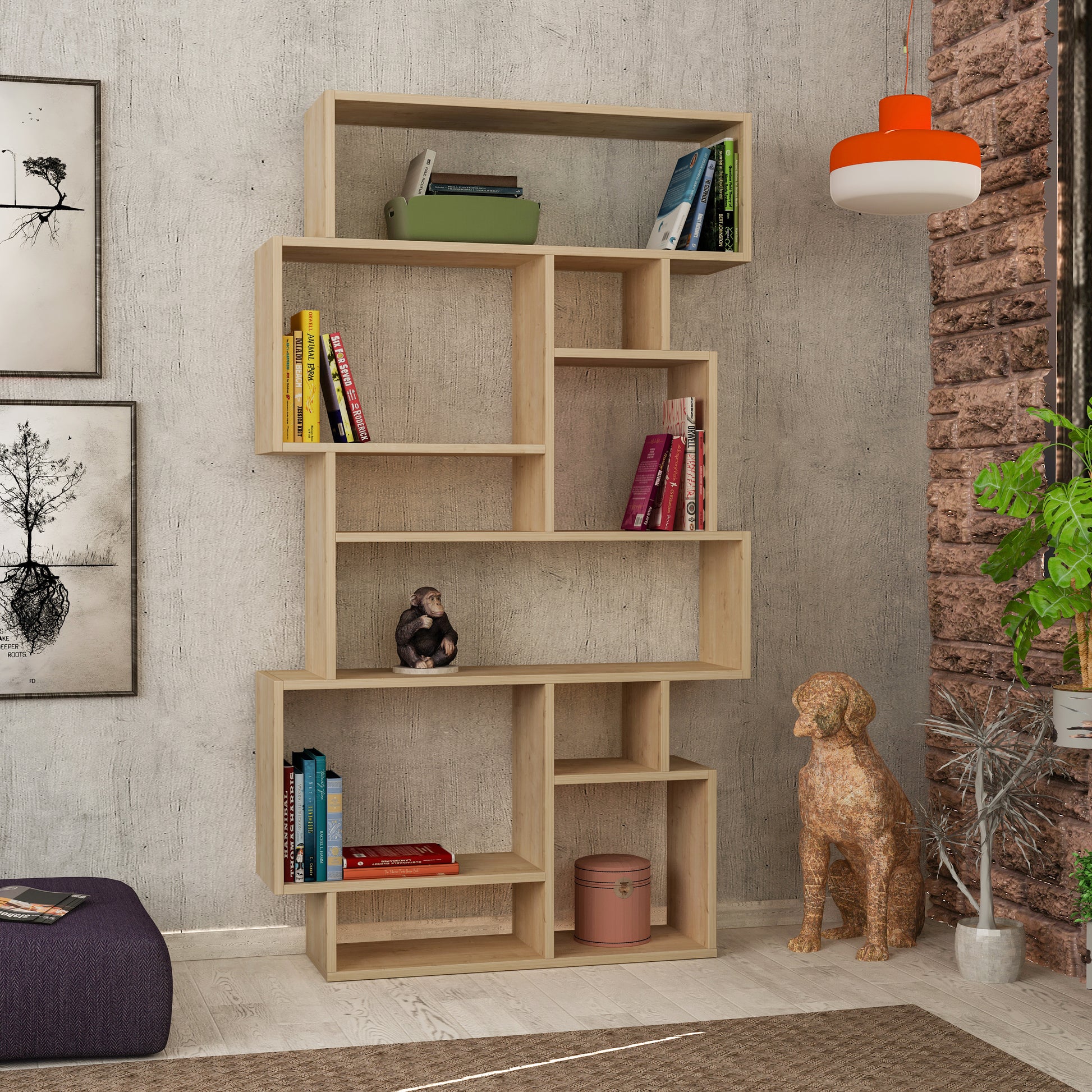 Asymmetrical modern bookcase with open shelves, ideal for books, plants or décor in stylish contemporary interiors