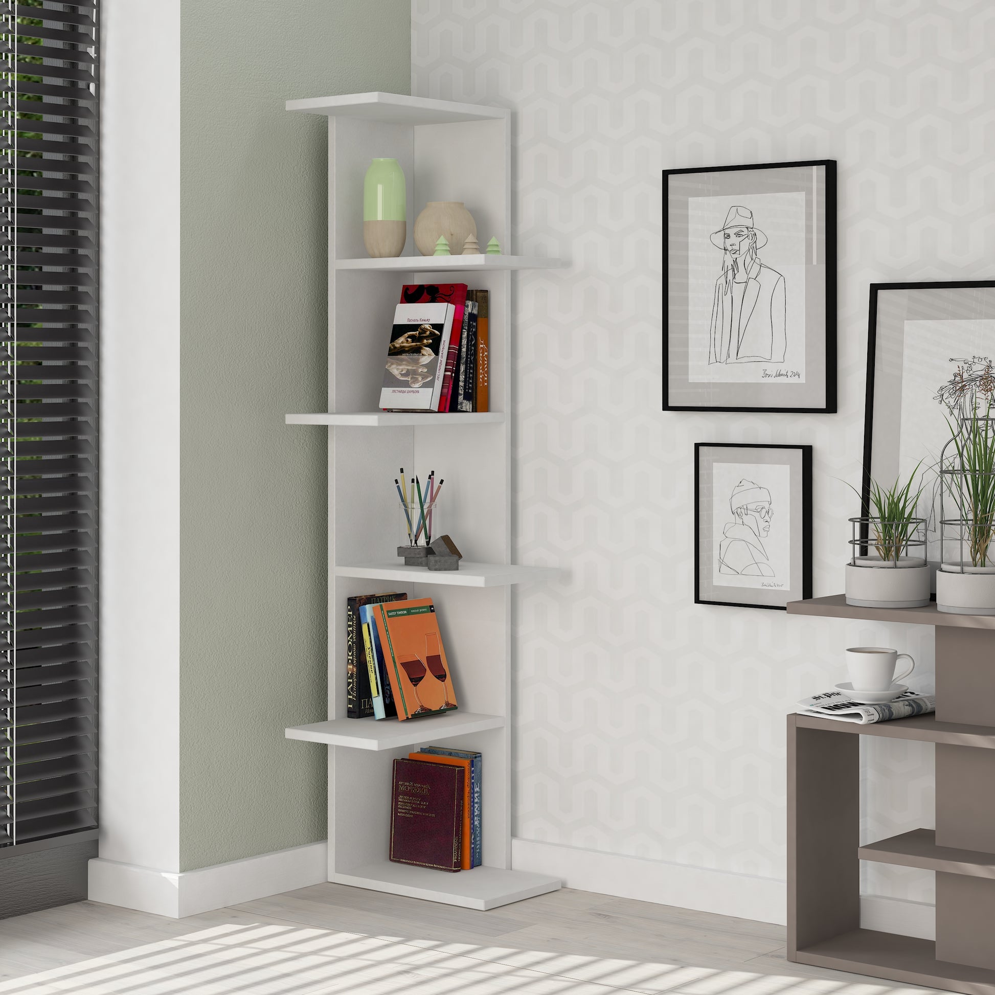 Slim corner bookcase with open vertical shelves, ideal for storing books or décor in small modern living spaces