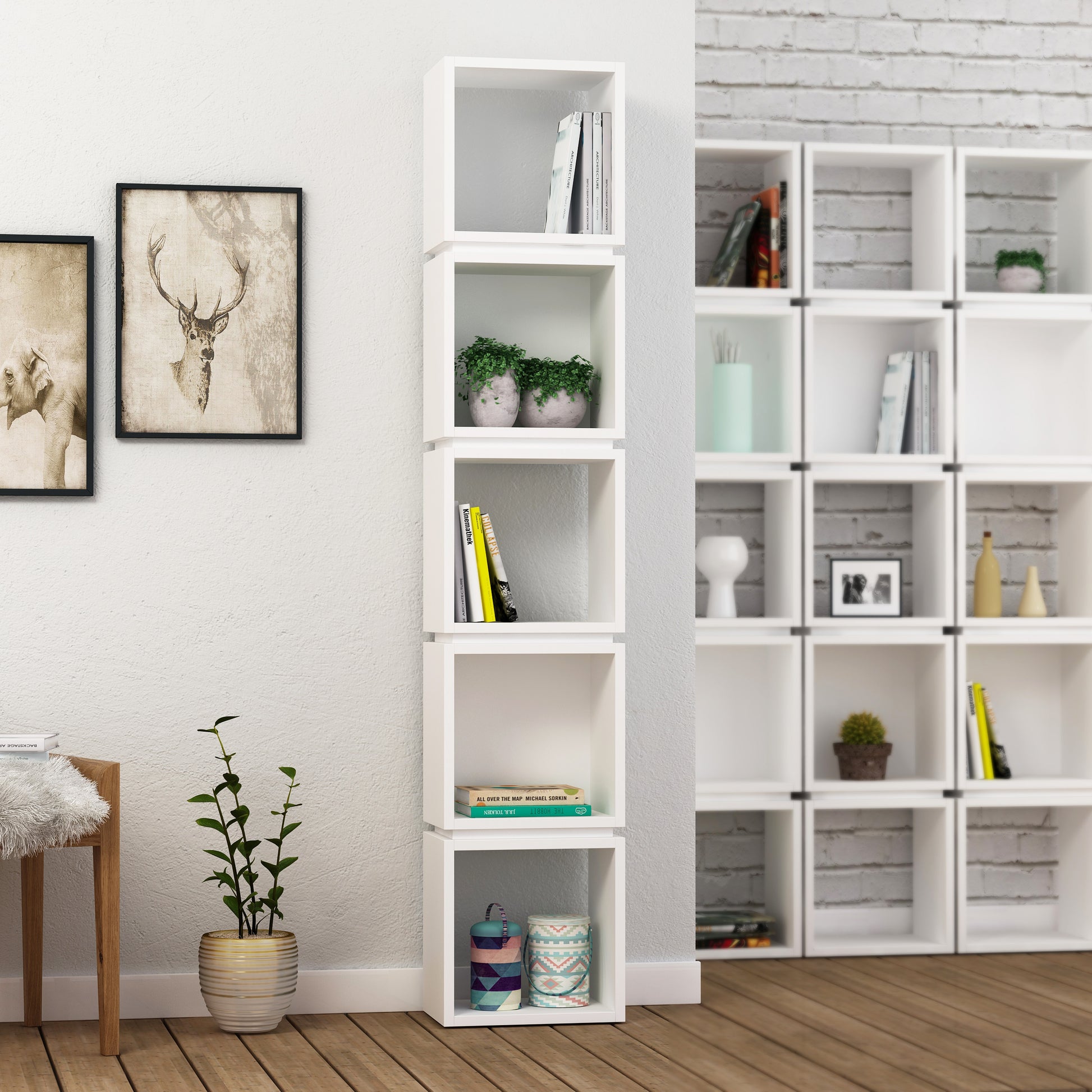 Tall vertical bookcase with open shelving, ideal for books, décor or storage in compact modern interiors