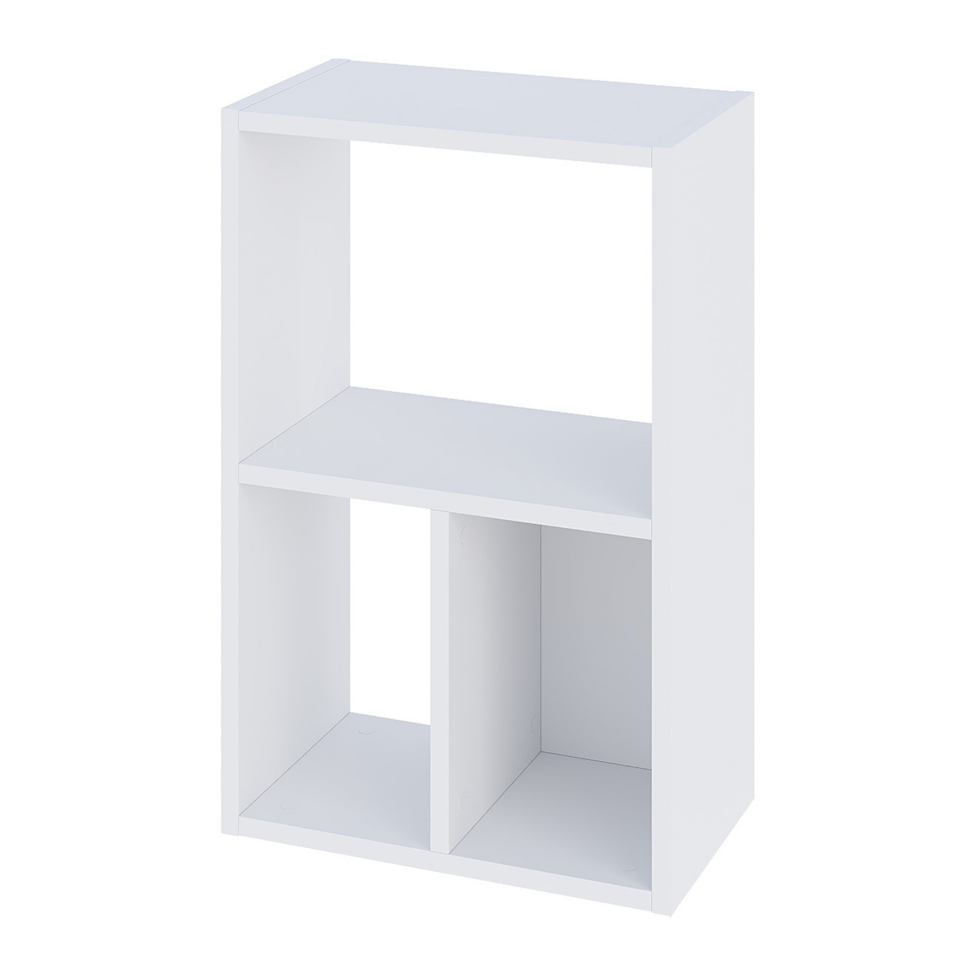 Minimalist white shelving unit with three compartments, including one with a closed back and two open sections. The compact design makes it suitable for small spaces