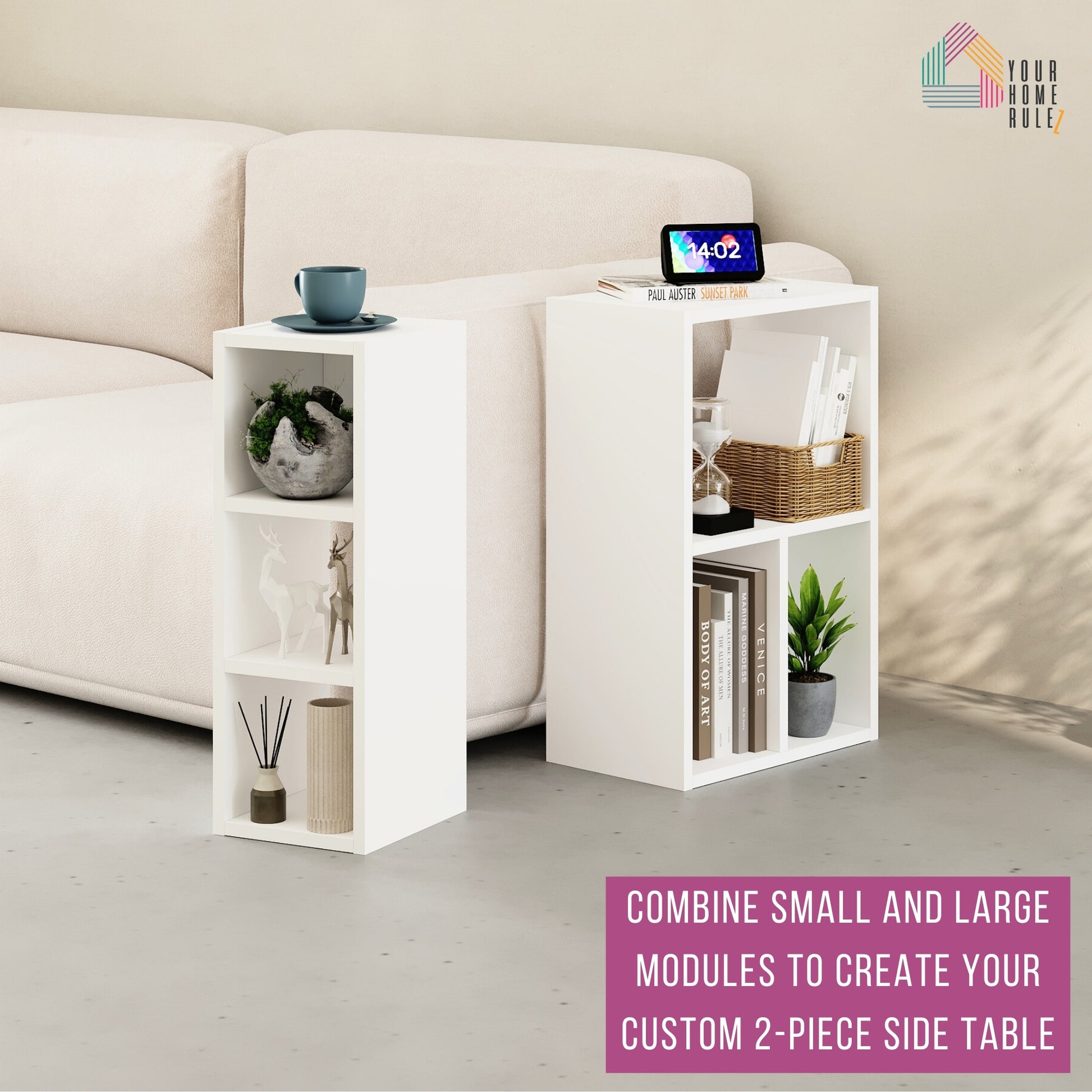 White side tables; small and large modules, used seperately as modern sofa-end storage