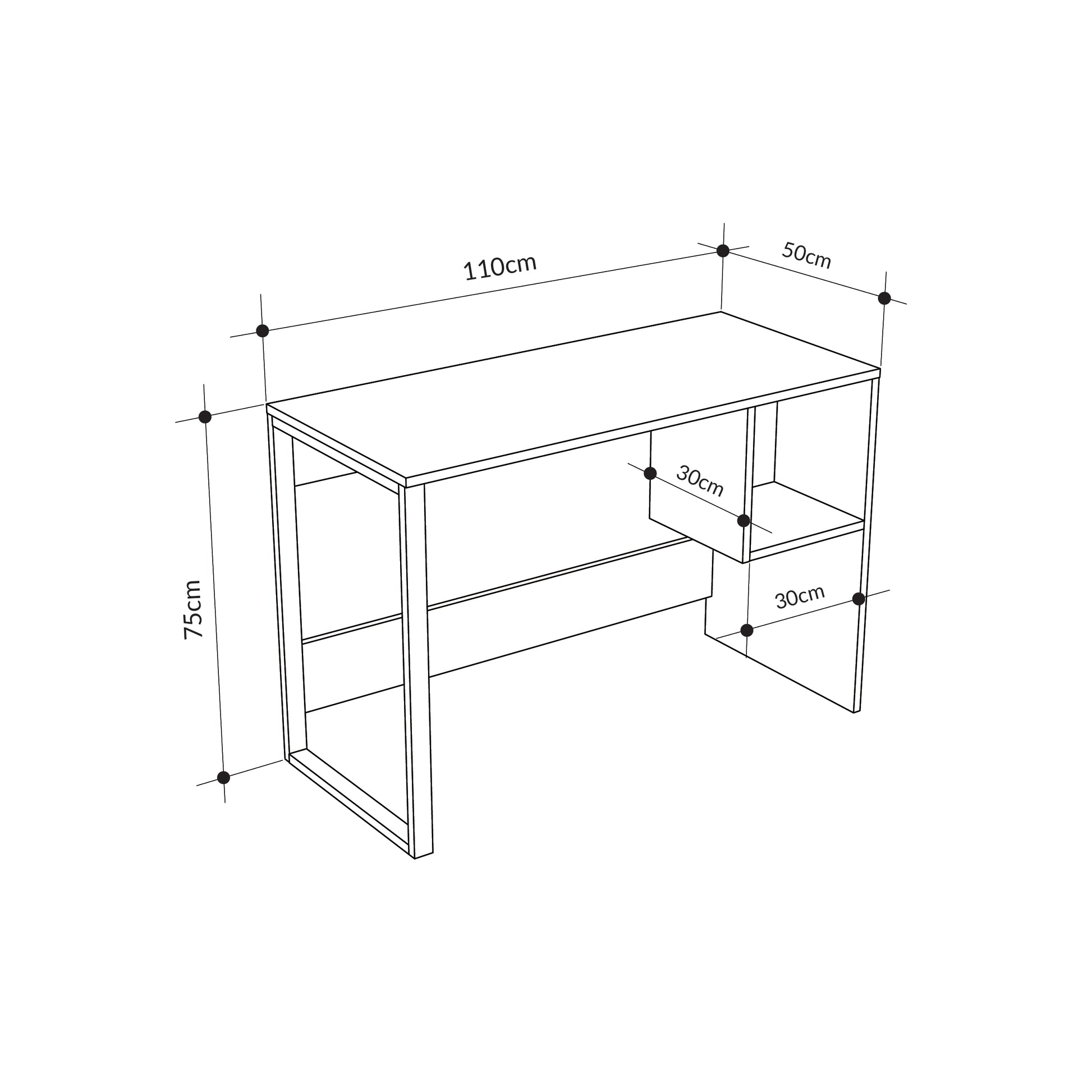 110 x 50 cm wide desk, Line drawing of a desk with dimensions labeled