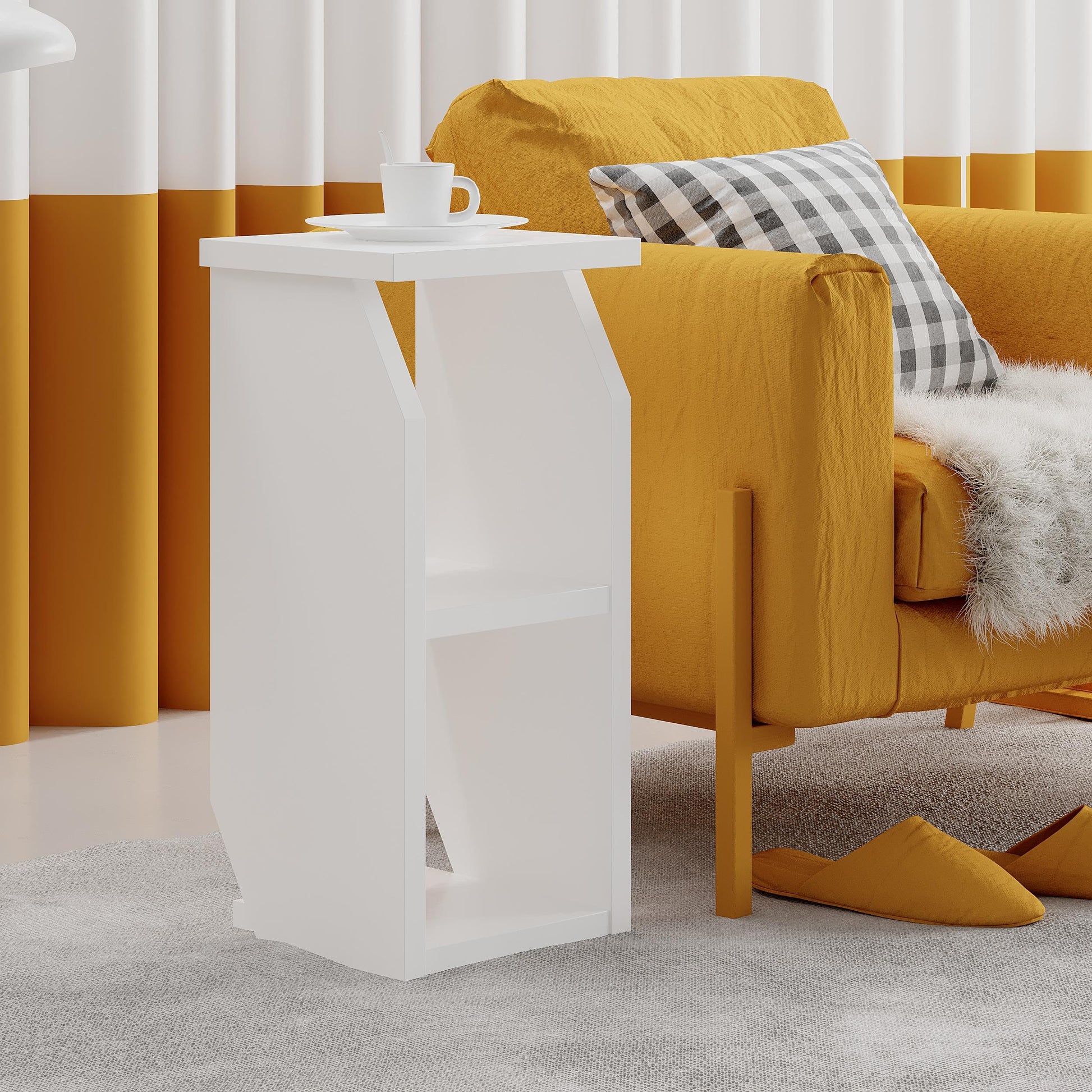 White particle board side table with open shelves, ideal for living rooms and compact modern spaces.