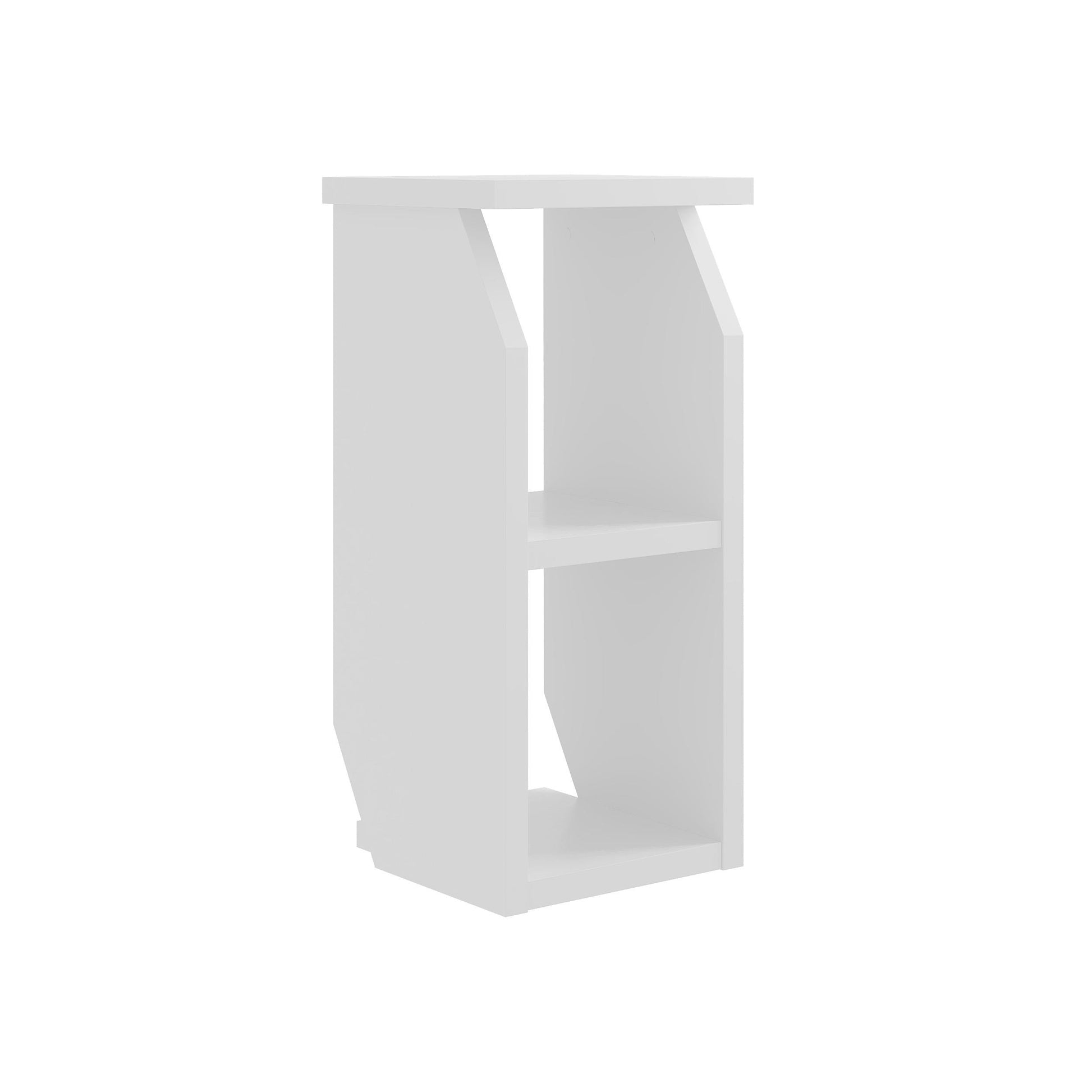 White bookshelf with two shelves on a white background