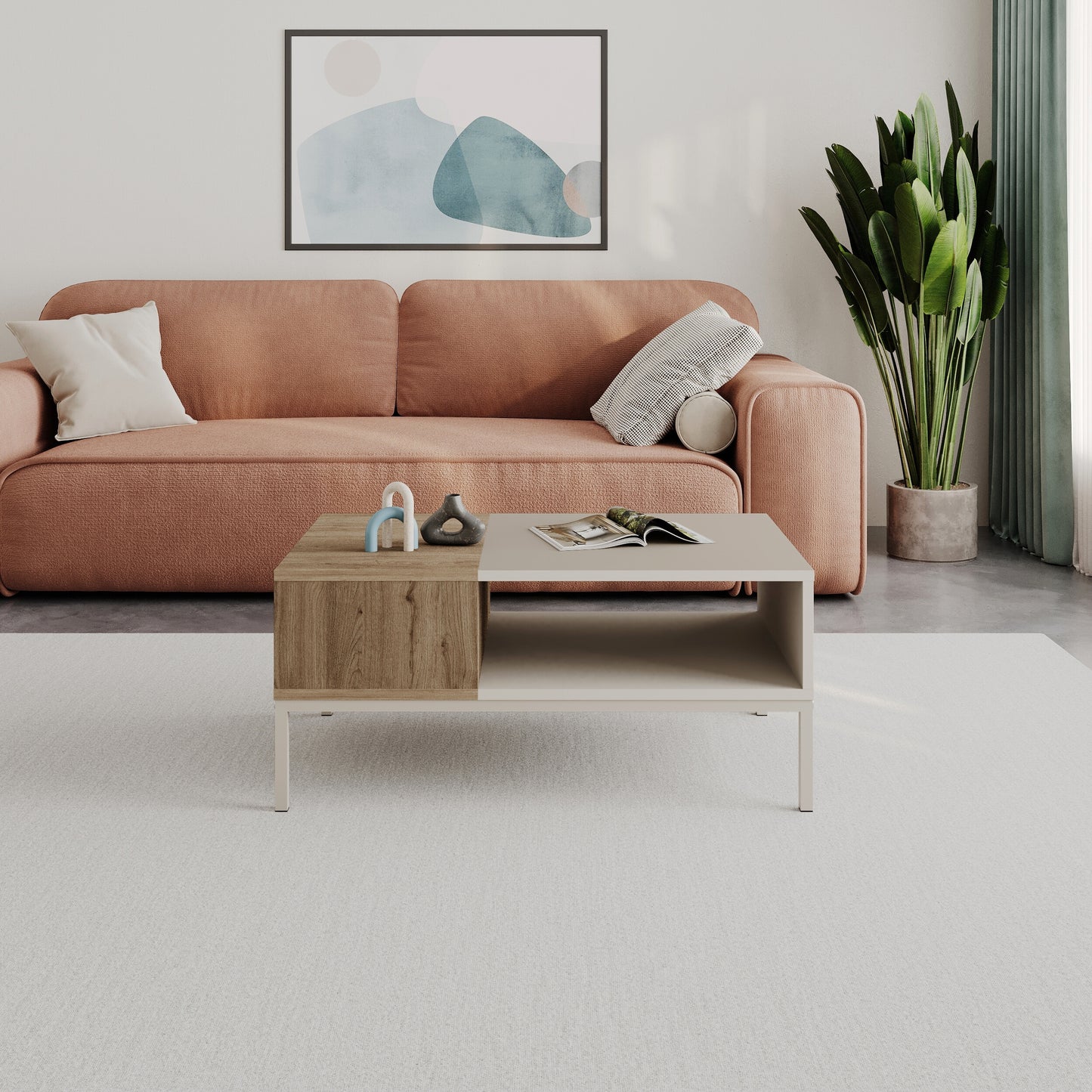 Kailin Modern Coffee Table with Storage – Rectangular Living Room Table with Metal Legs