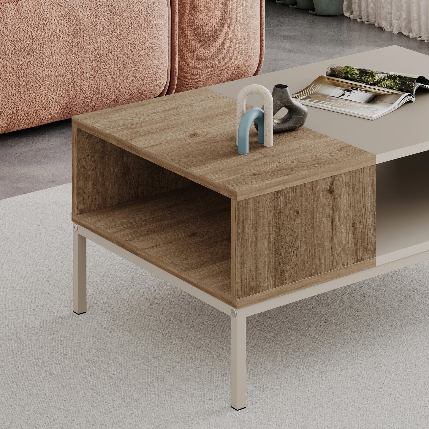 Kailin Modern Coffee Table with Storage – Rectangular Living Room Table with Metal Legs