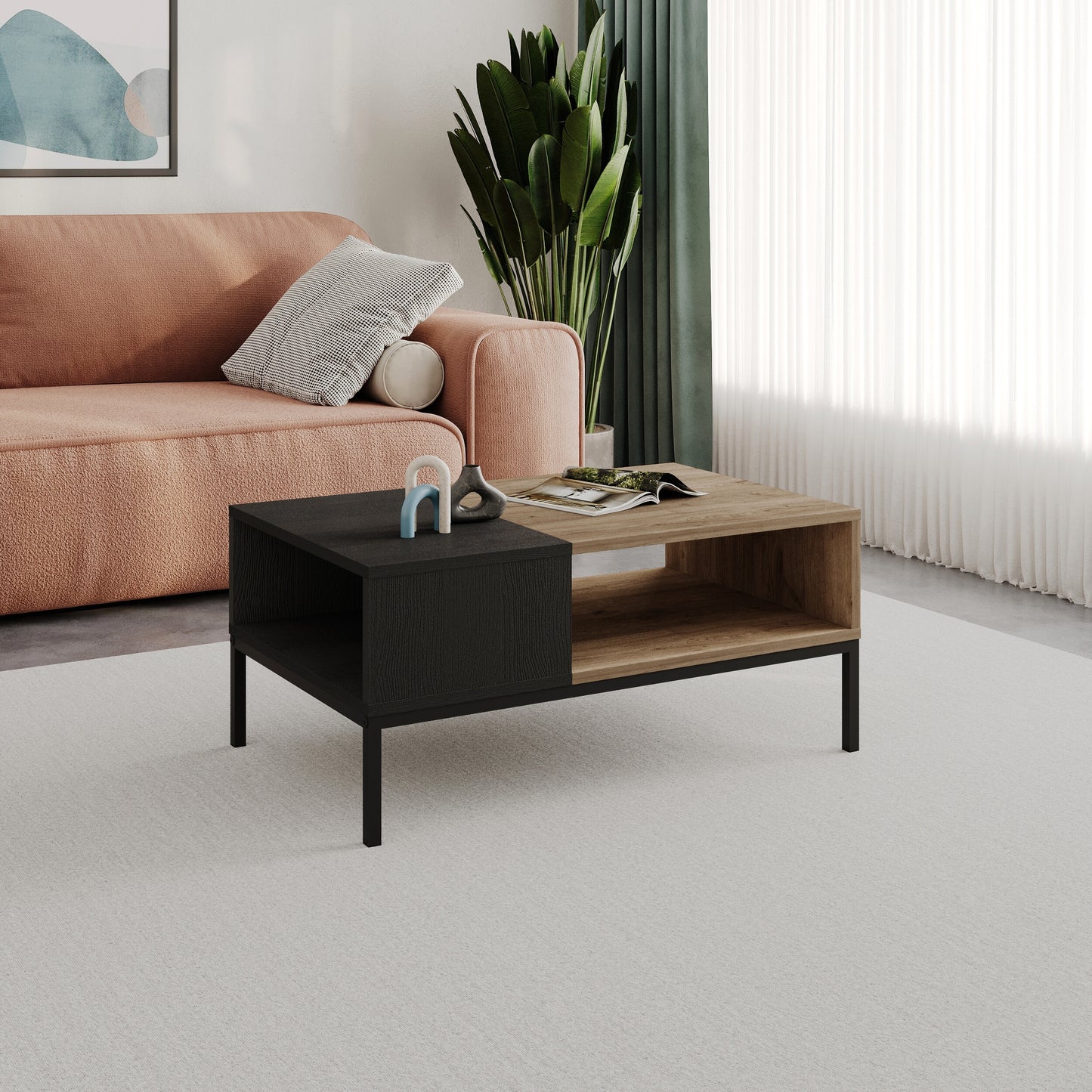 Kailin Modern Coffee Table with Storage – Rectangular Living Room Table with Metal Legs