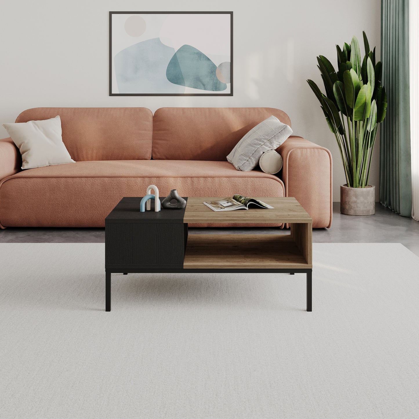 Kailin Modern Coffee Table with Storage – Rectangular Living Room Table with Metal Legs