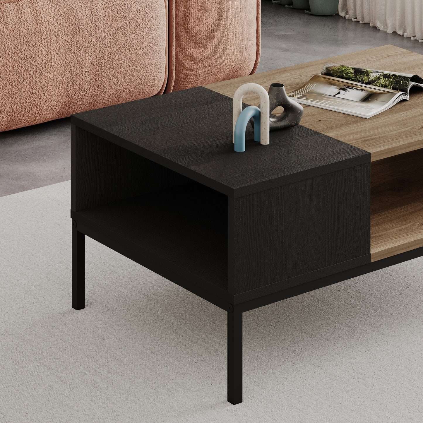 Kailin Modern Coffee Table with Storage – Rectangular Living Room Table with Metal Legs