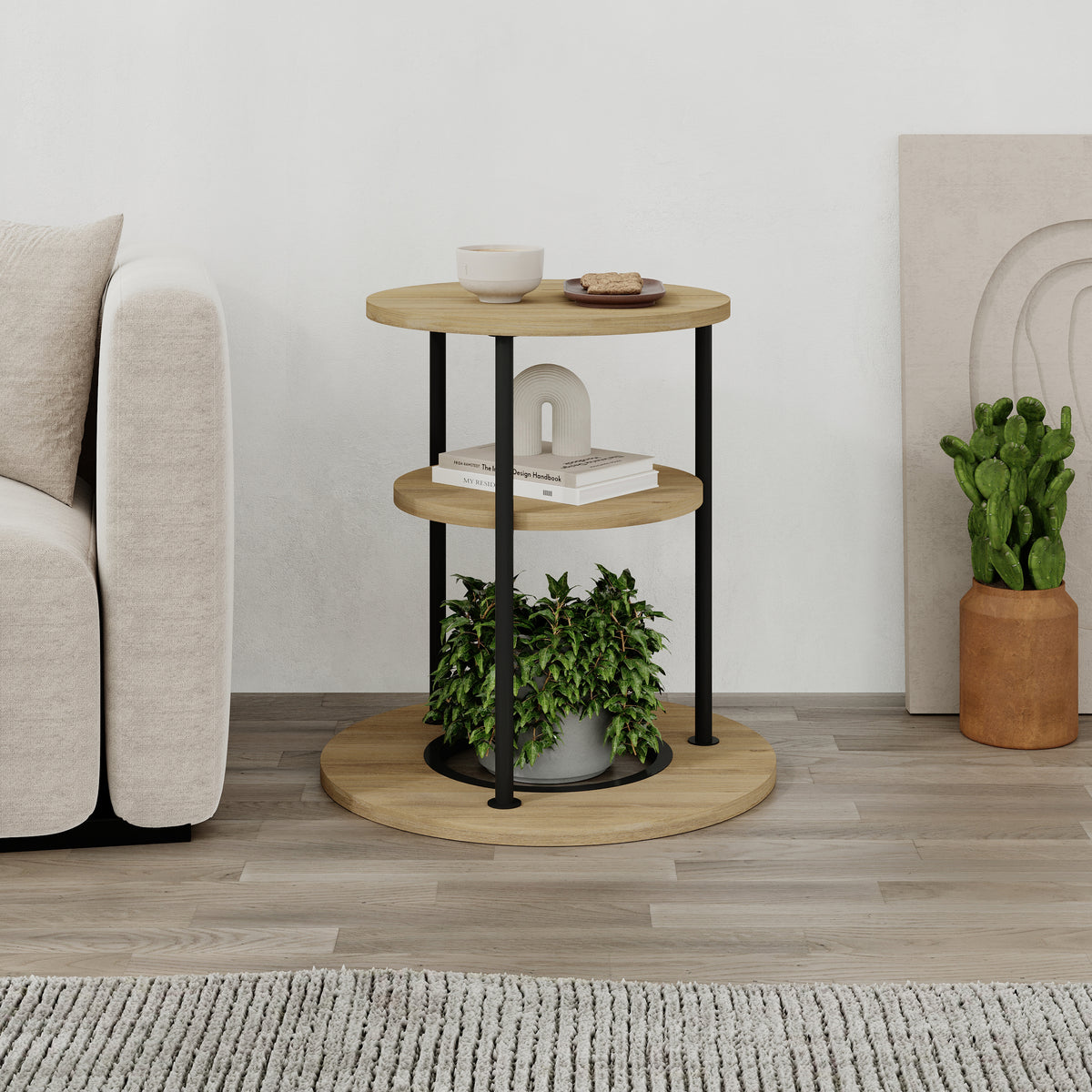 Quillo 50cm Round Side Table with Three Tiers and Metal Frame — Oak, image 6