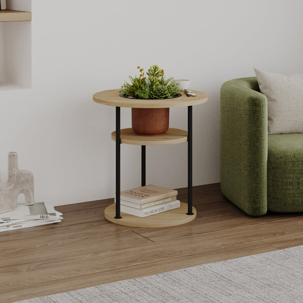 Quillo 50cm Round Side Table with Three Tiers and Metal Frame — Oak, image 2