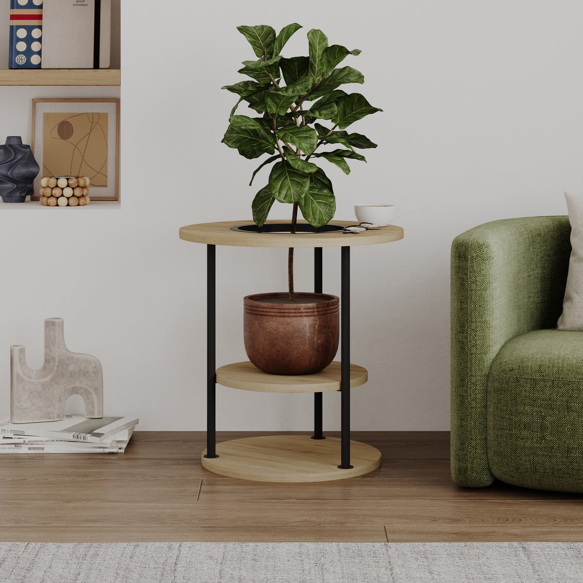 Quillo 50cm Round Side Table with Three Tiers and Metal Frame — Oak, image 1