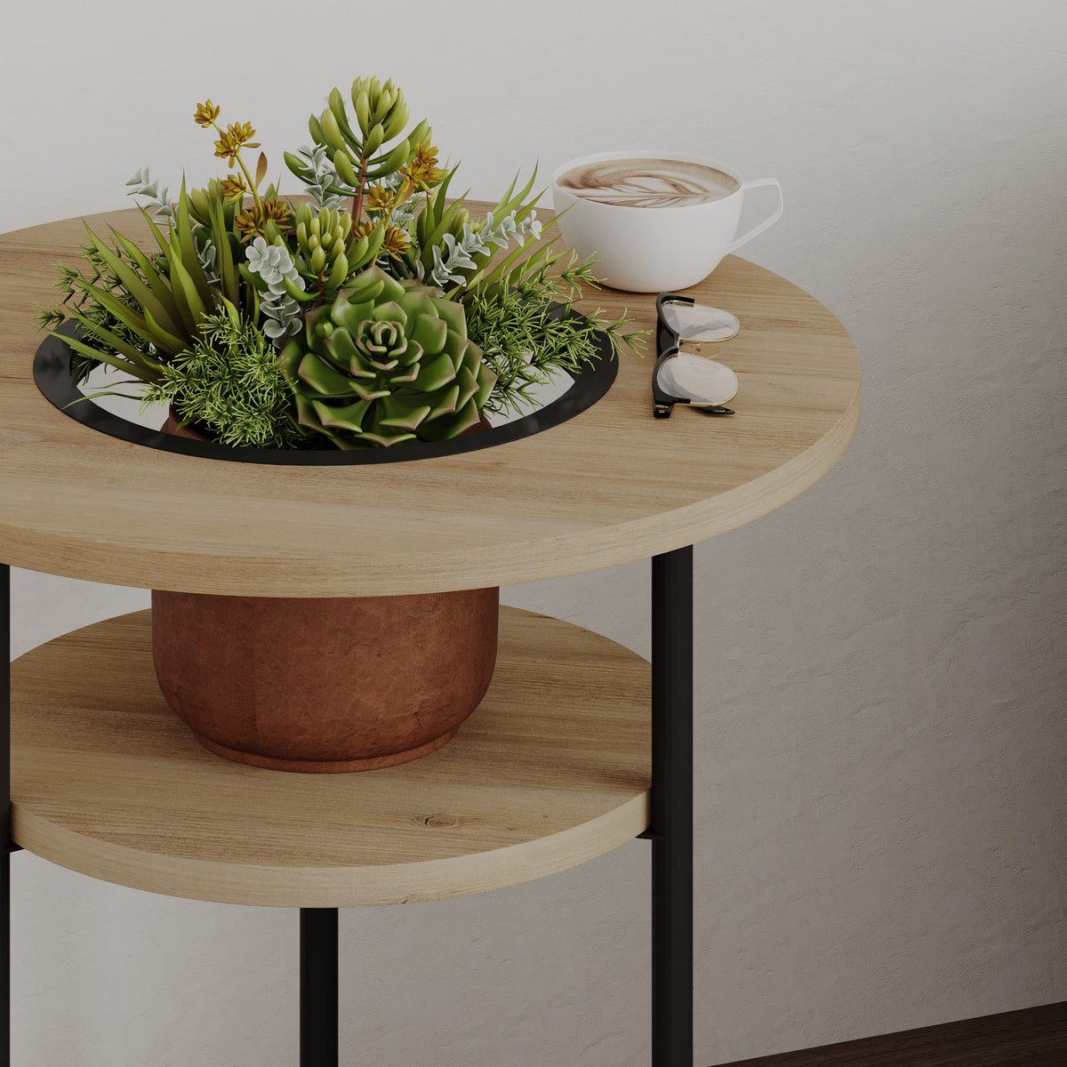 Quillo 50cm Round Side Table with Three Tiers and Metal Frame — Oak, image 4
