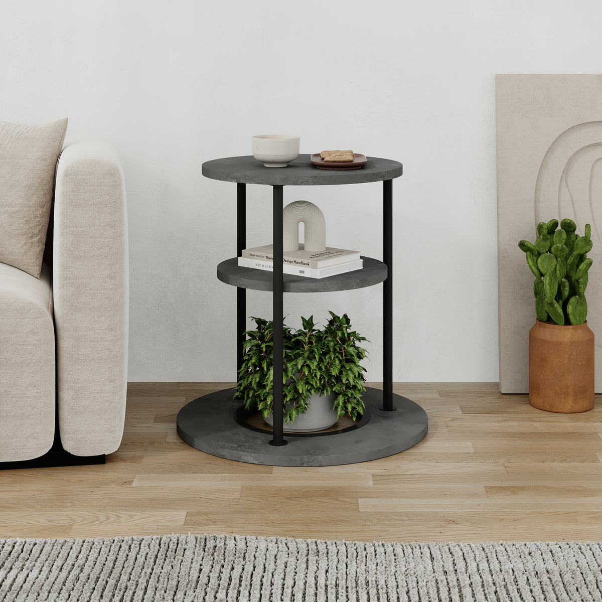 Quillo 50cm Round Side Table with Three Tiers and Metal Frame — Retro Grey, image 6
