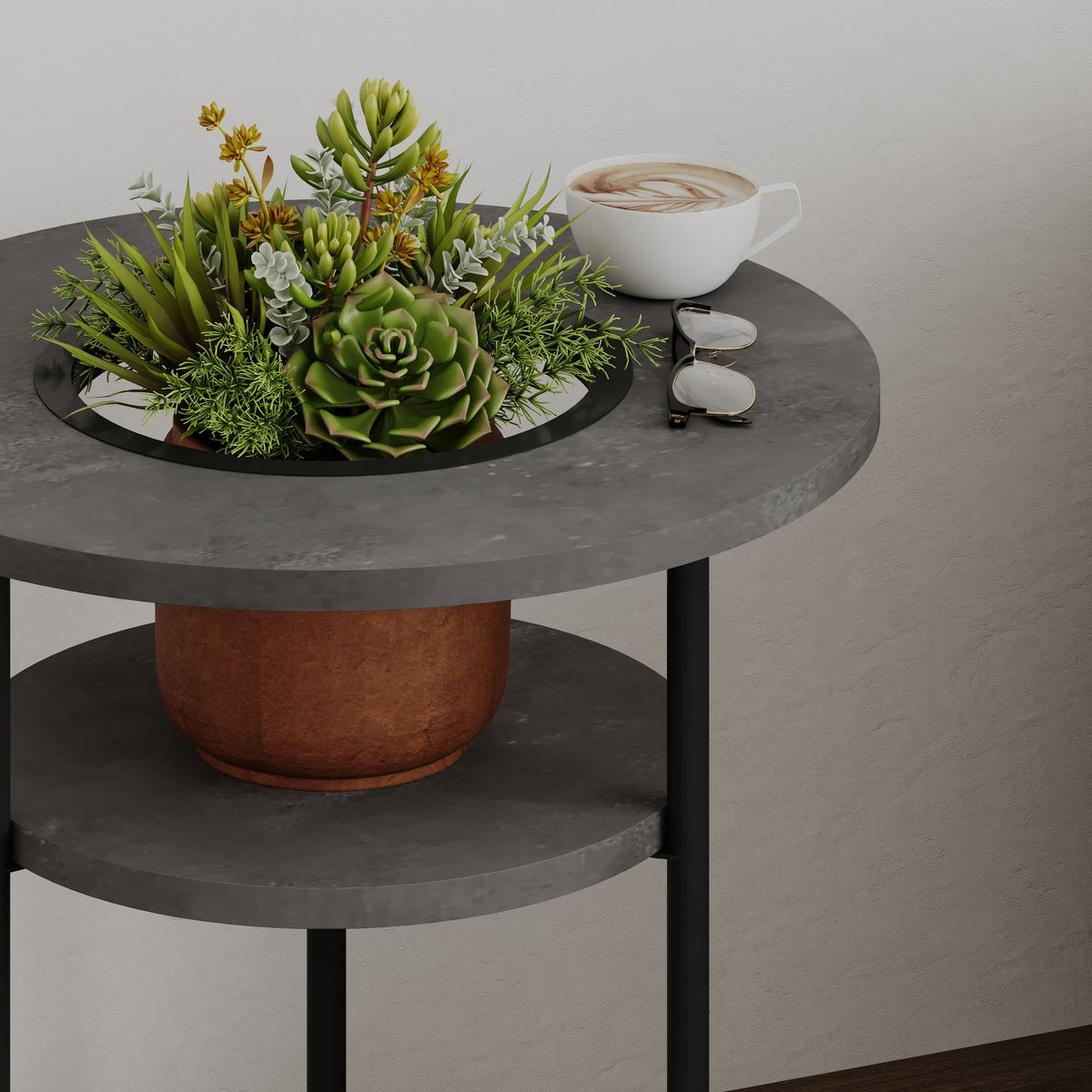 Quillo 50cm Round Side Table with Three Tiers and Metal Frame — Retro Grey, image 4