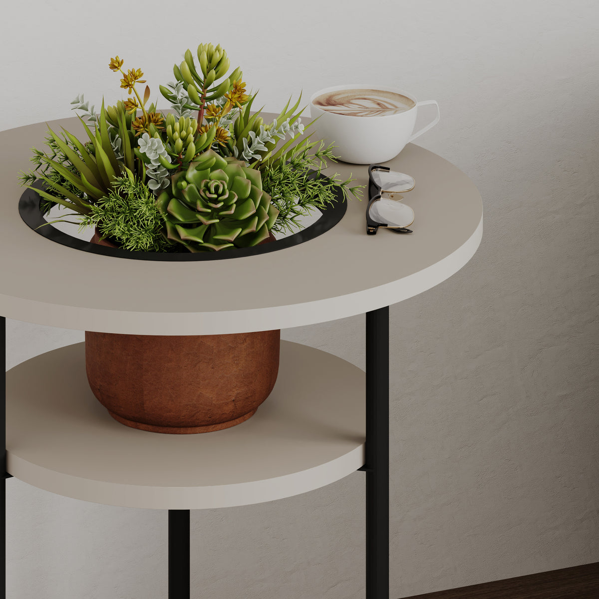 Quillo 50cm Round Side Table with Three Tiers and Metal Frame — Sandstone, image 4