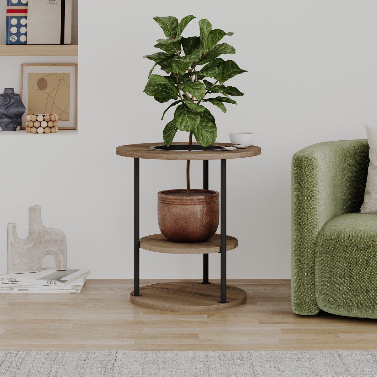 Quillo 50cm Round Side Table with Three Tiers and Metal Frame — Dark Oak Effect, image 1