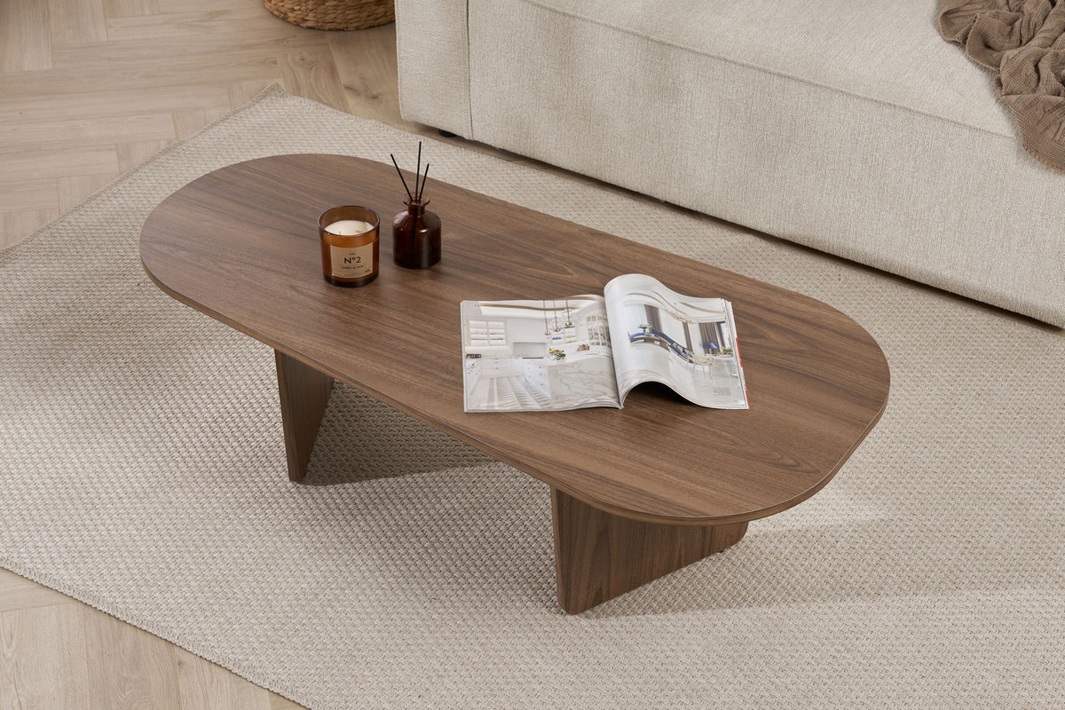 Ostrel 130cm Large Oval Coffee Table with Panel Legs — Natural Walnut Effect