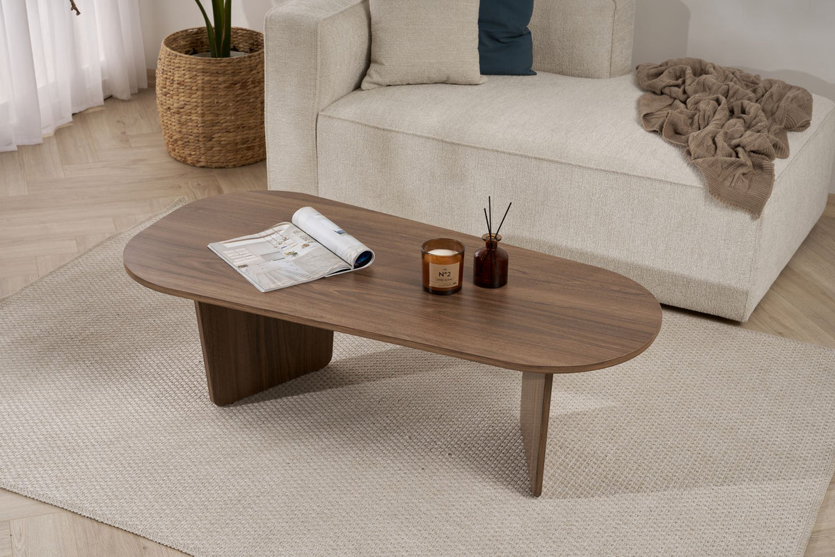 Ostrel 130cm Large Oval Coffee Table with Panel Legs — Natural Walnut Effect