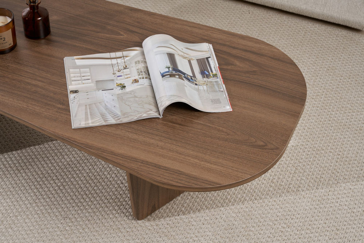 Ostrel 130cm Large Oval Coffee Table with Panel Legs — Natural Walnut Effect