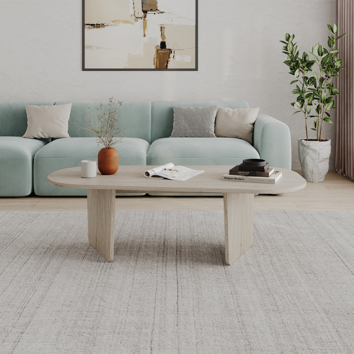 Ostrel 130cm Large Oval Coffee Table with Panel Legs — Travertine