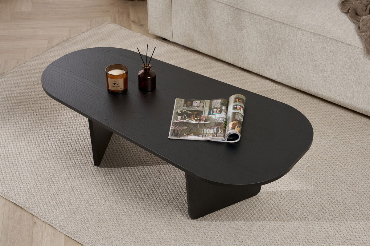 Ostrel 130cm Large Oval Coffee Table with Panel Legs — Black Wood