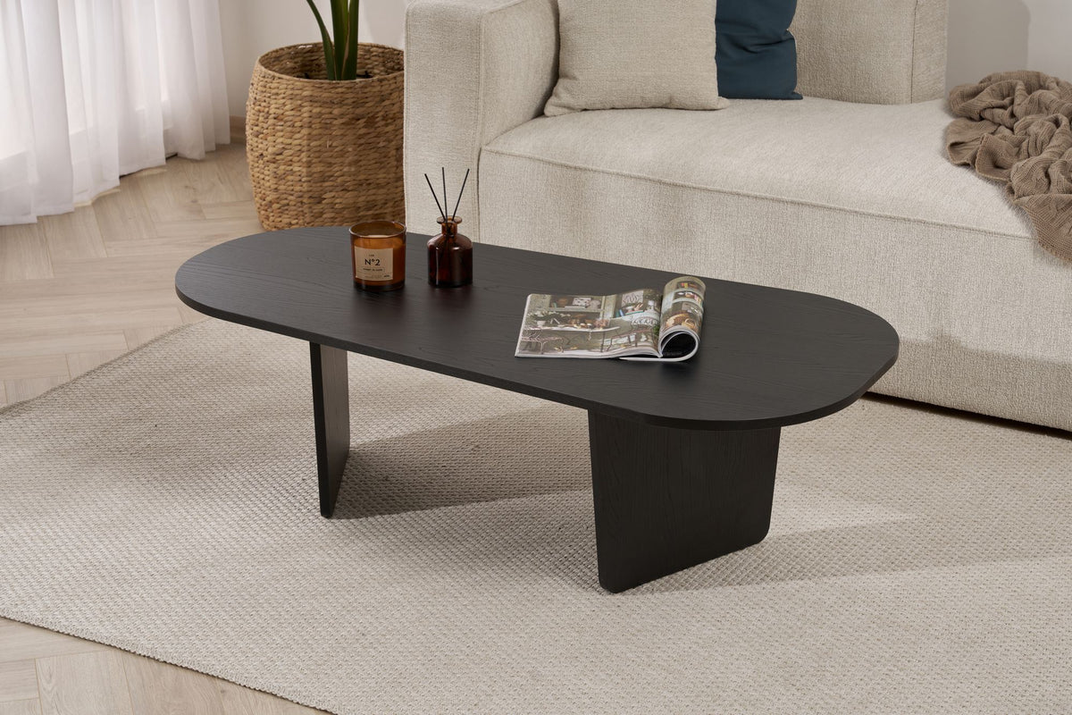 Ostrel 130cm Large Oval Coffee Table with Panel Legs — Black Wood