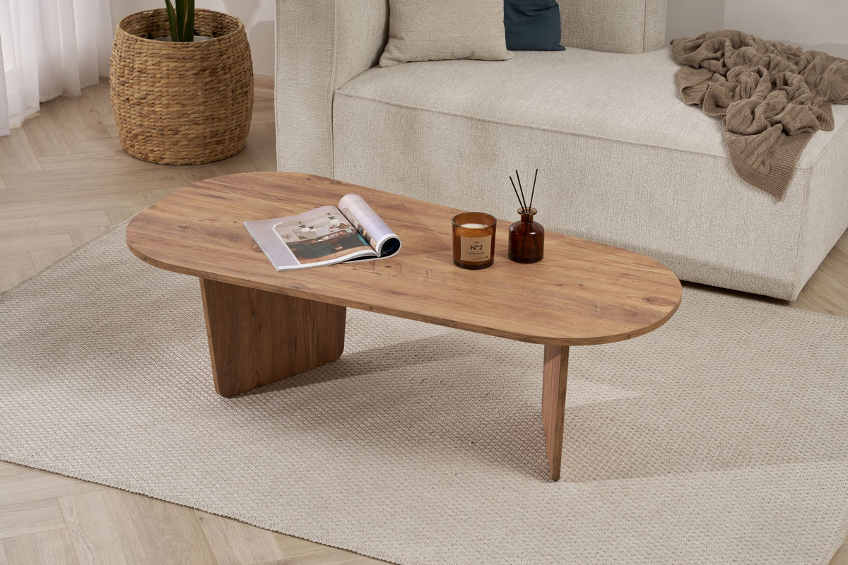 Ostrel 130cm Large Oval Coffee Table with Panel Legs — Rustic Oak Effect