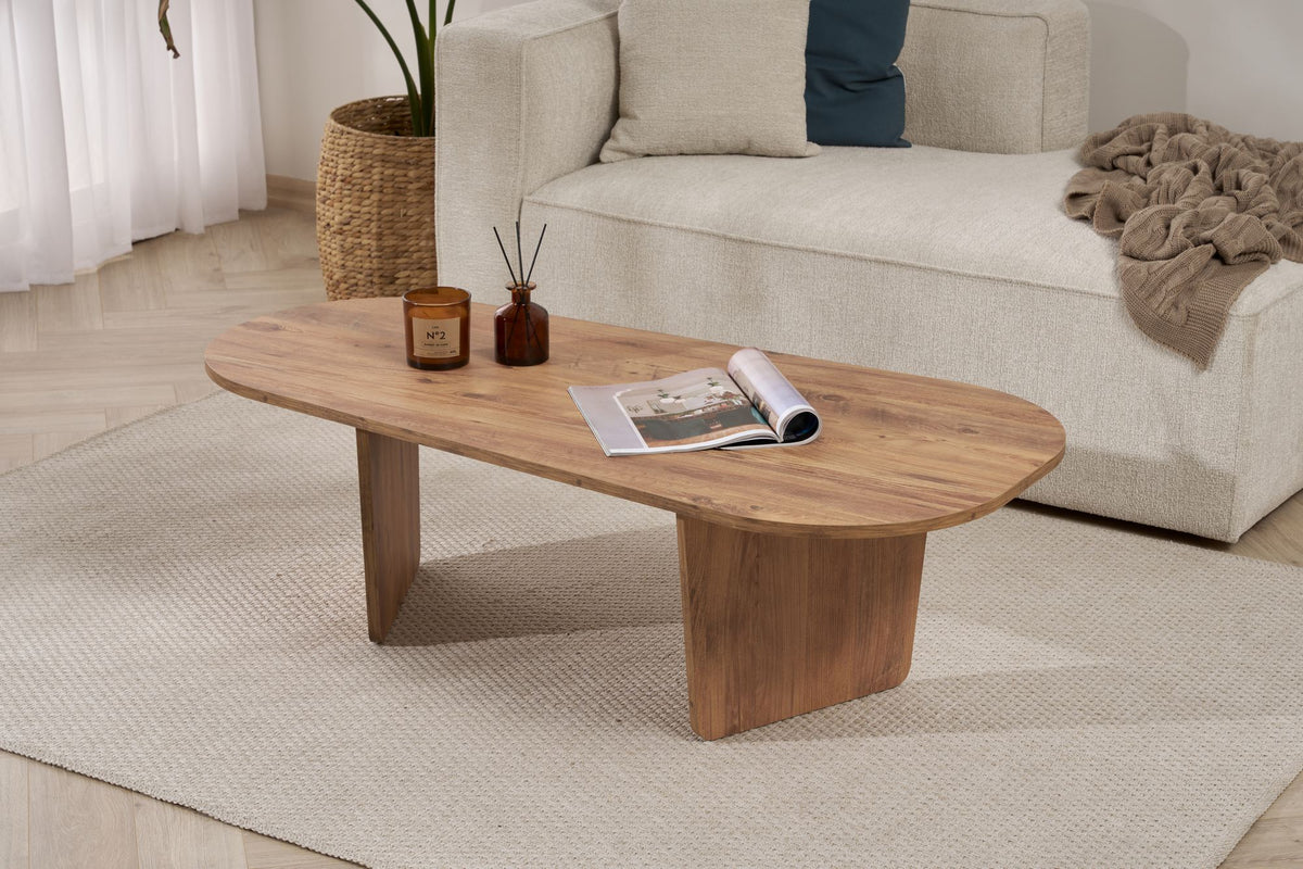 Ostrel 130cm Large Oval Coffee Table with Panel Legs — Rustic Oak Effect