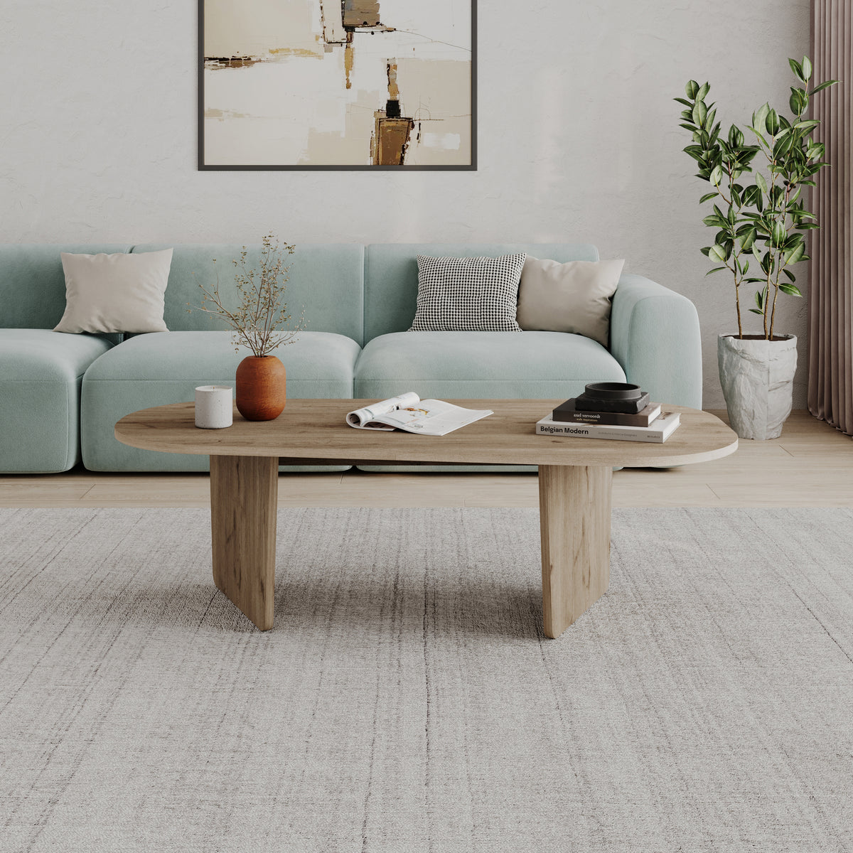 Ostrel 130cm Large Oval Coffee Table with Panel Legs — Natural Oak